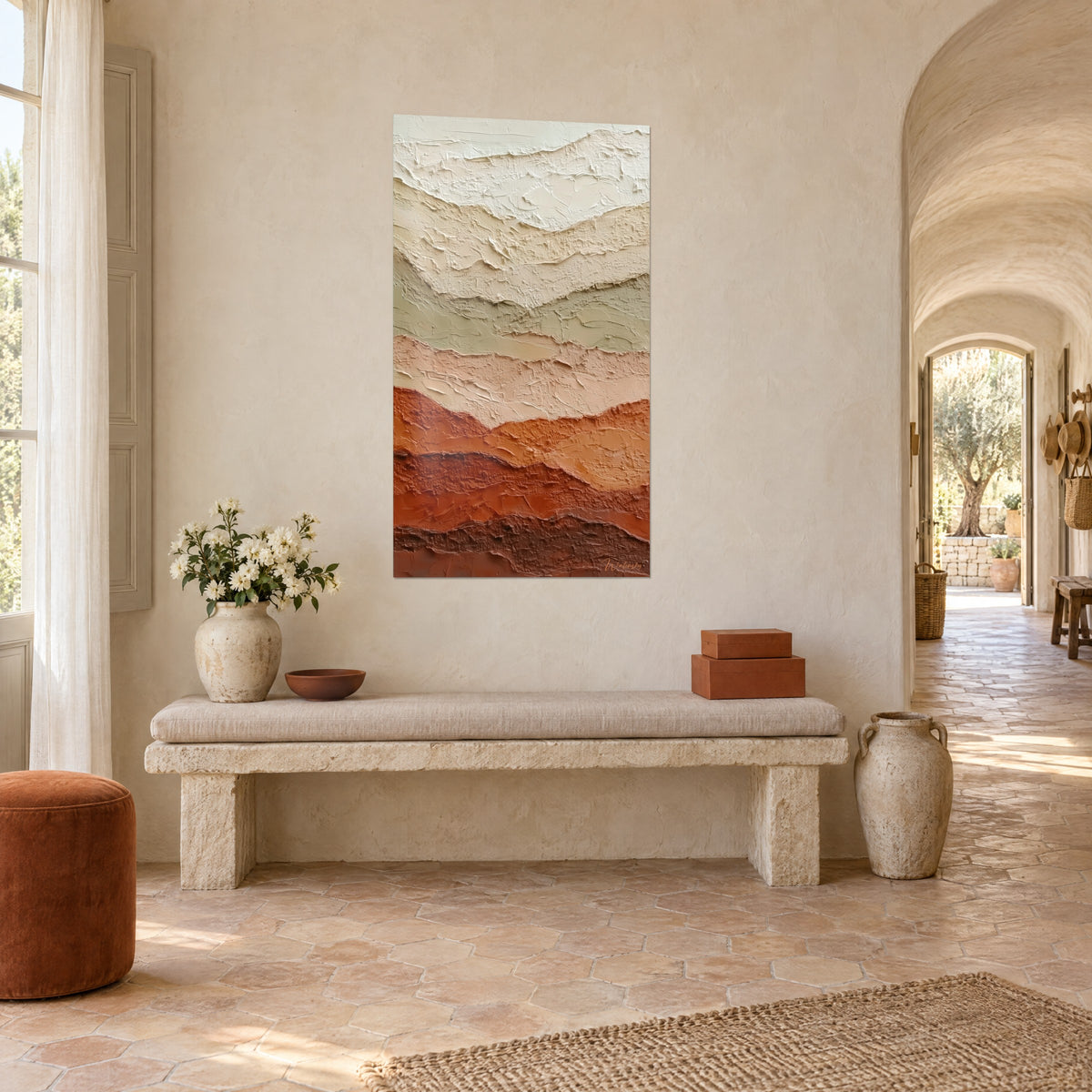 Wall art featuring an abstract landscape of stacked hills in cream and rust brown, impasto brushwork, shown from a three-quarter angle in a Provençal farmhouse