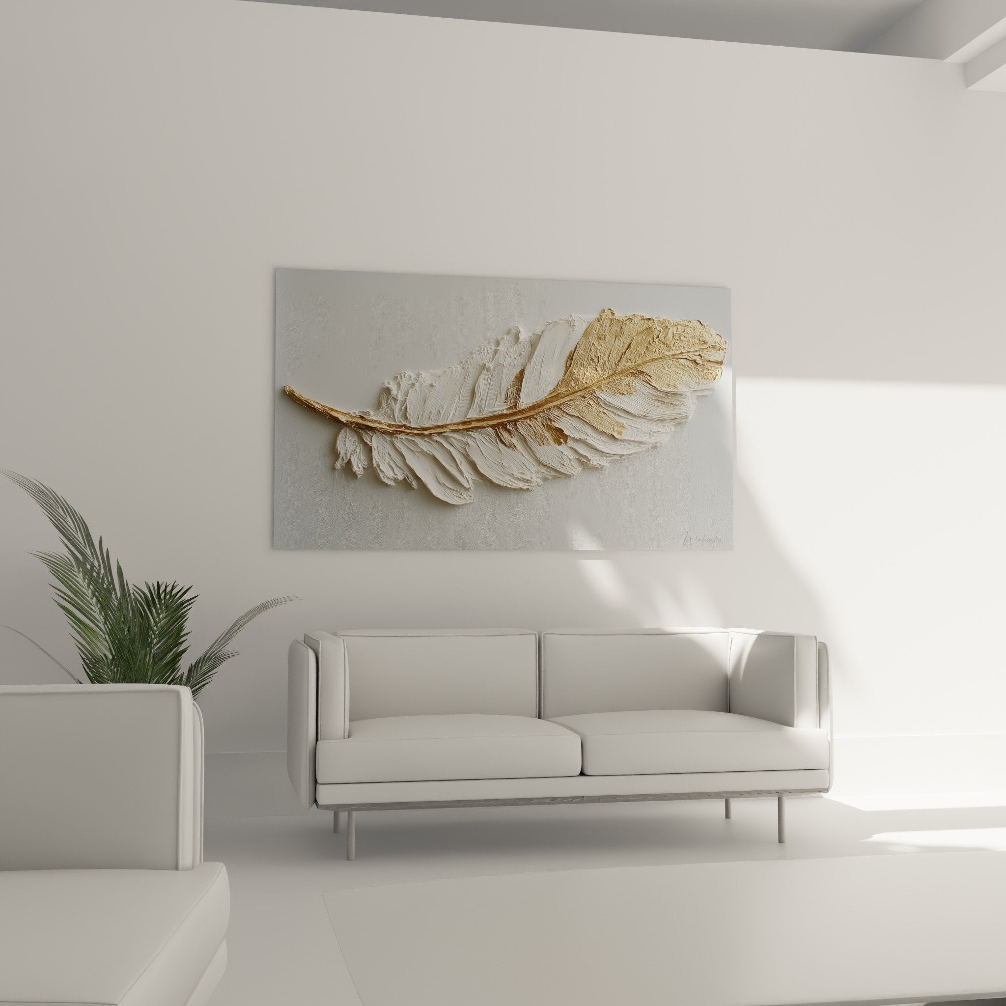 Sculptured white feather texture detail with gold accents, handcrafted relief and pearlescent finish
