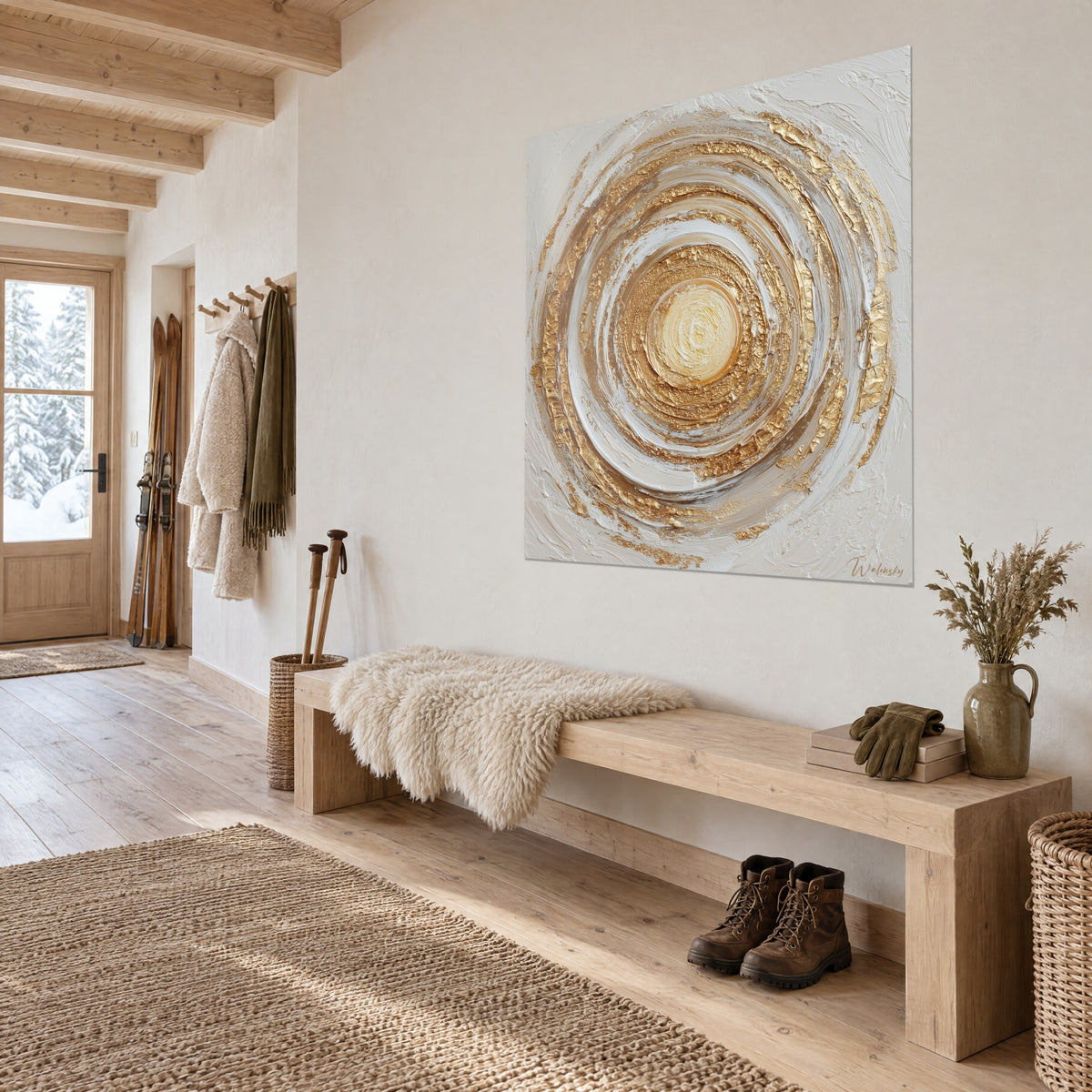 Wall art with concentric circles in gold and ivory, thick palette-knife strokes, facing a light wooden bench in the chalet entrance