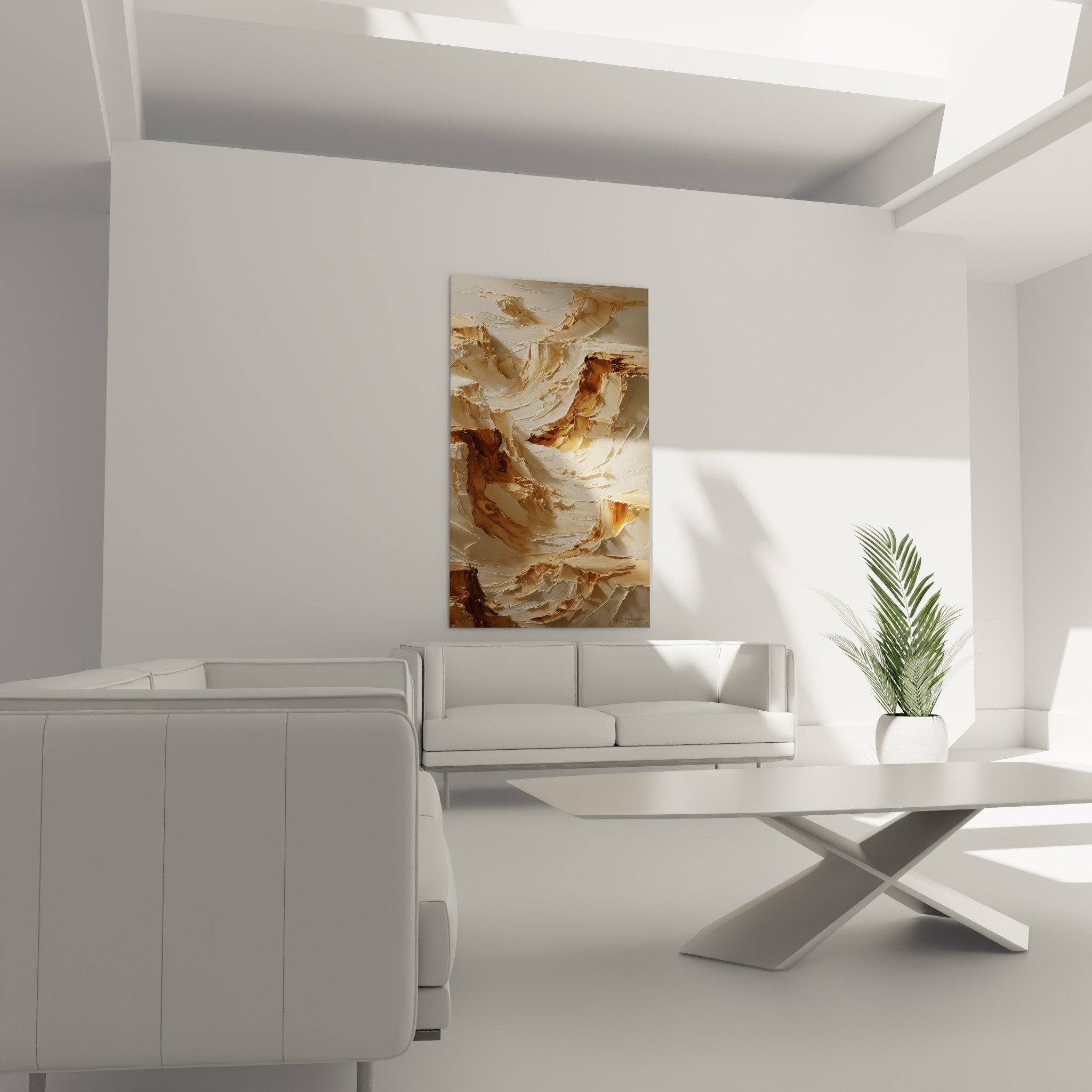 Close-up detail thick textured reliefs abstract painting beige ochre brown sculpted material feng shui earth center
