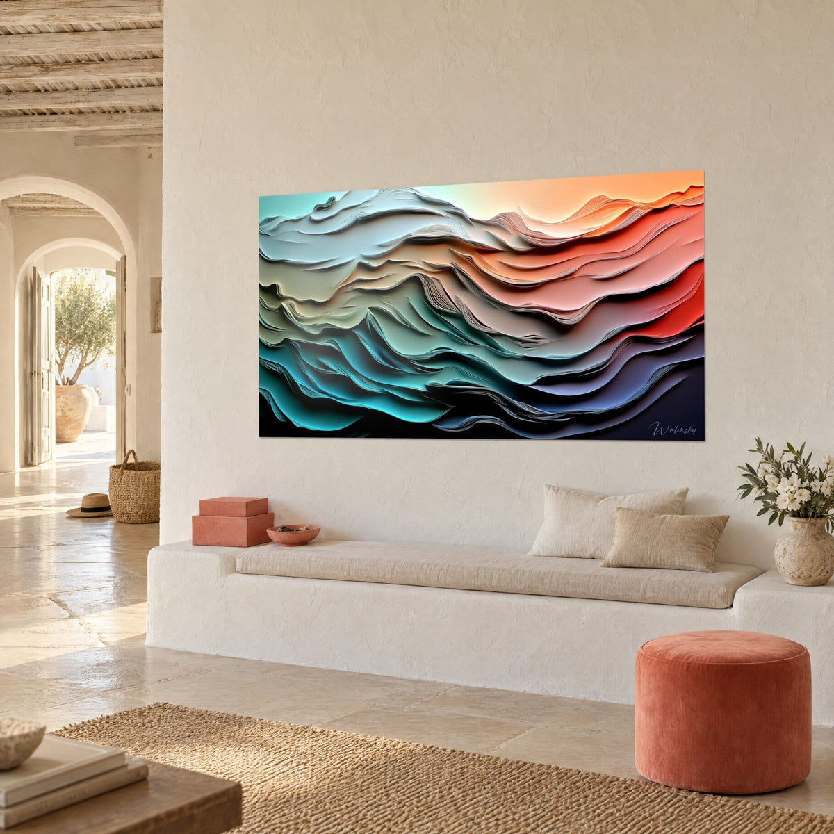 Wall art with sculpted waves from turquoise to orange, deep shadows between the layers, cream wall, white bench in an alcove