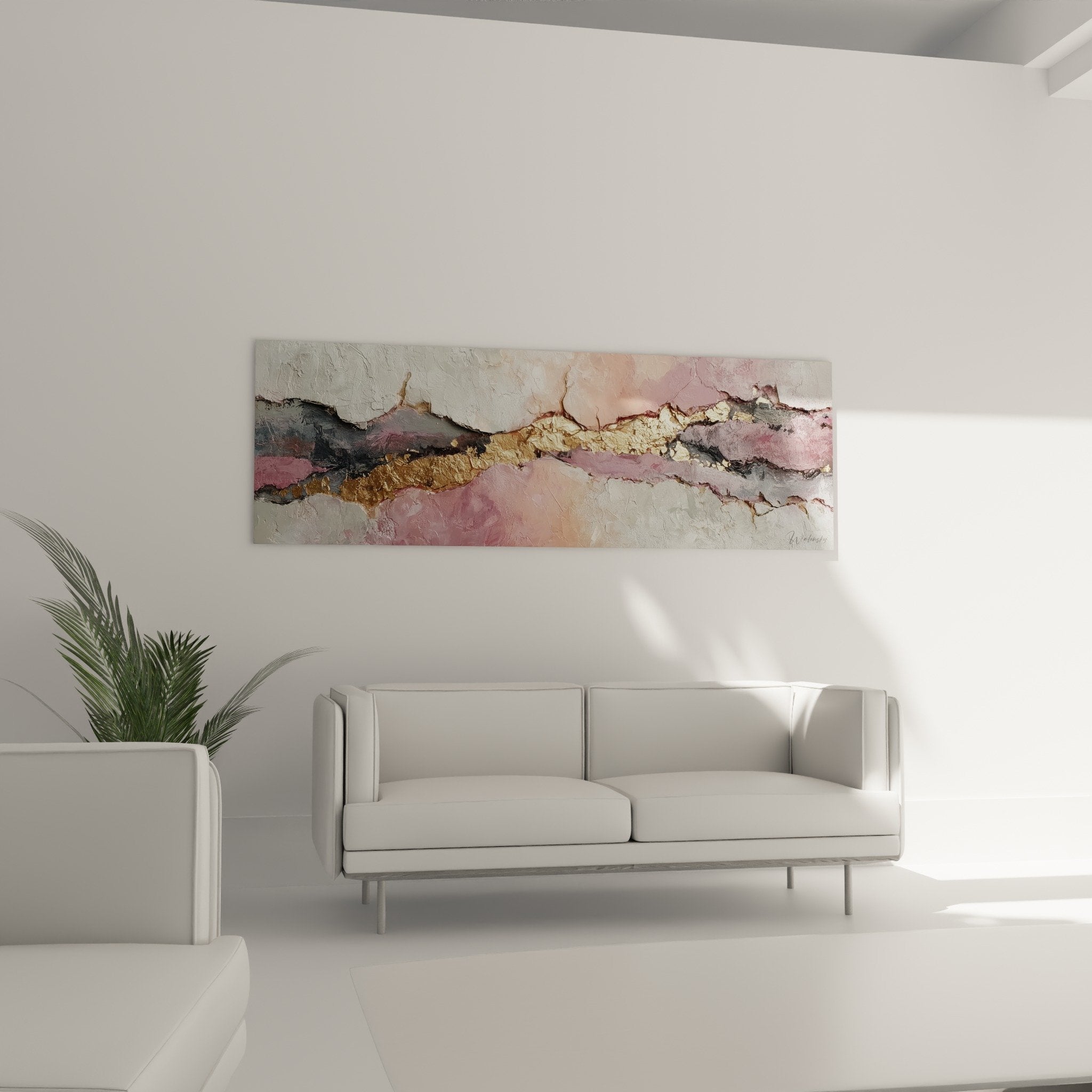 Detailaufnahme craquelé-Textur rosa mauve metallische Vergoldung skulpturales Relief Feng-Shui-Kunstwerk