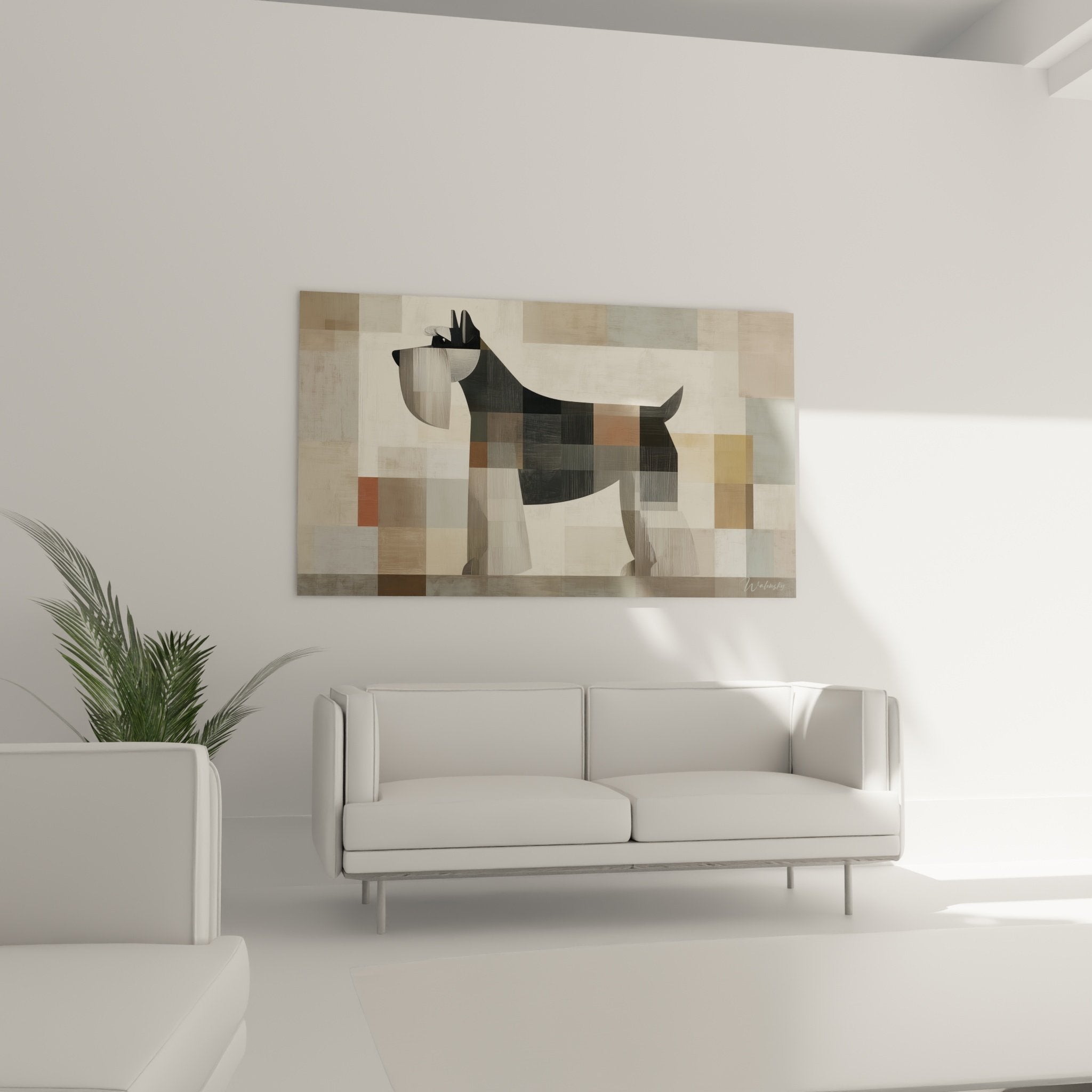 Détail texture tableau Schnauzer patchwork géométrique couleurs beiges brunes effet mosaïque moderne