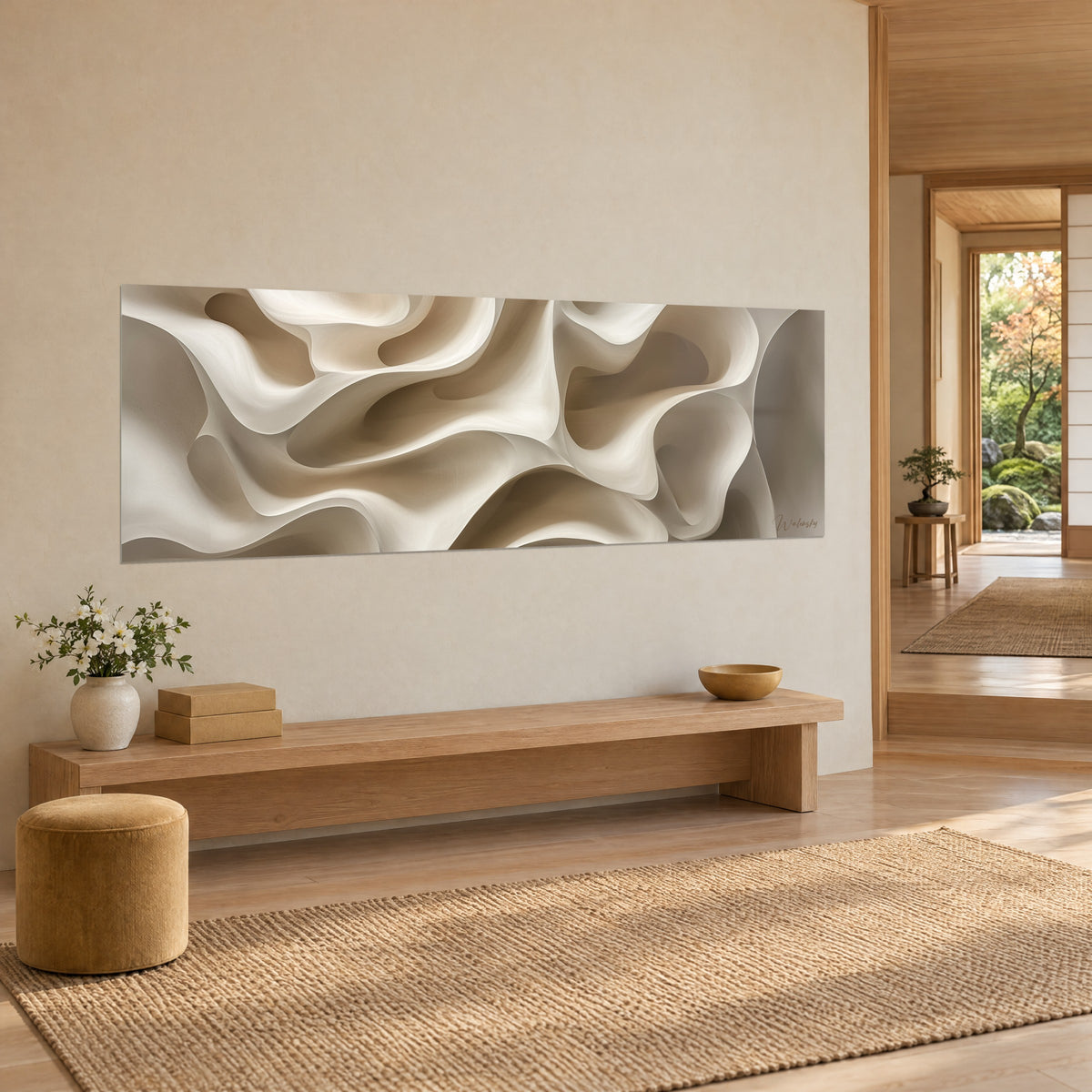 Gemälde mit drapierten Blütenblättern in Elfenbein und Taupe, dreiviertel Ansicht über einer Holzbank aus hellem Holz, Japandi-Wohnstil