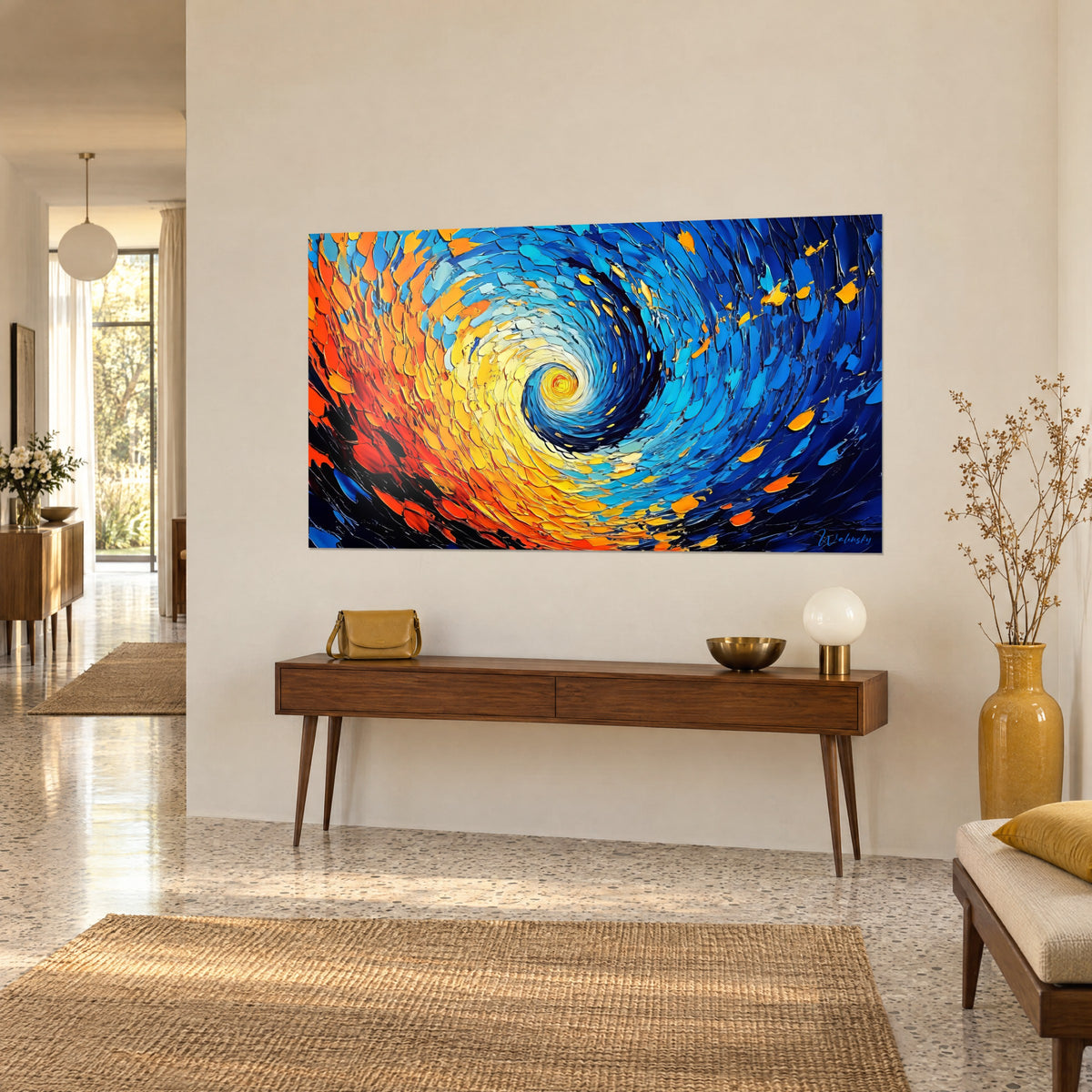 Cuadro remolino celeste en amarillo sol y azul noche, centro oscuro enrollado, sobre una pared beige encima de una consola de madera