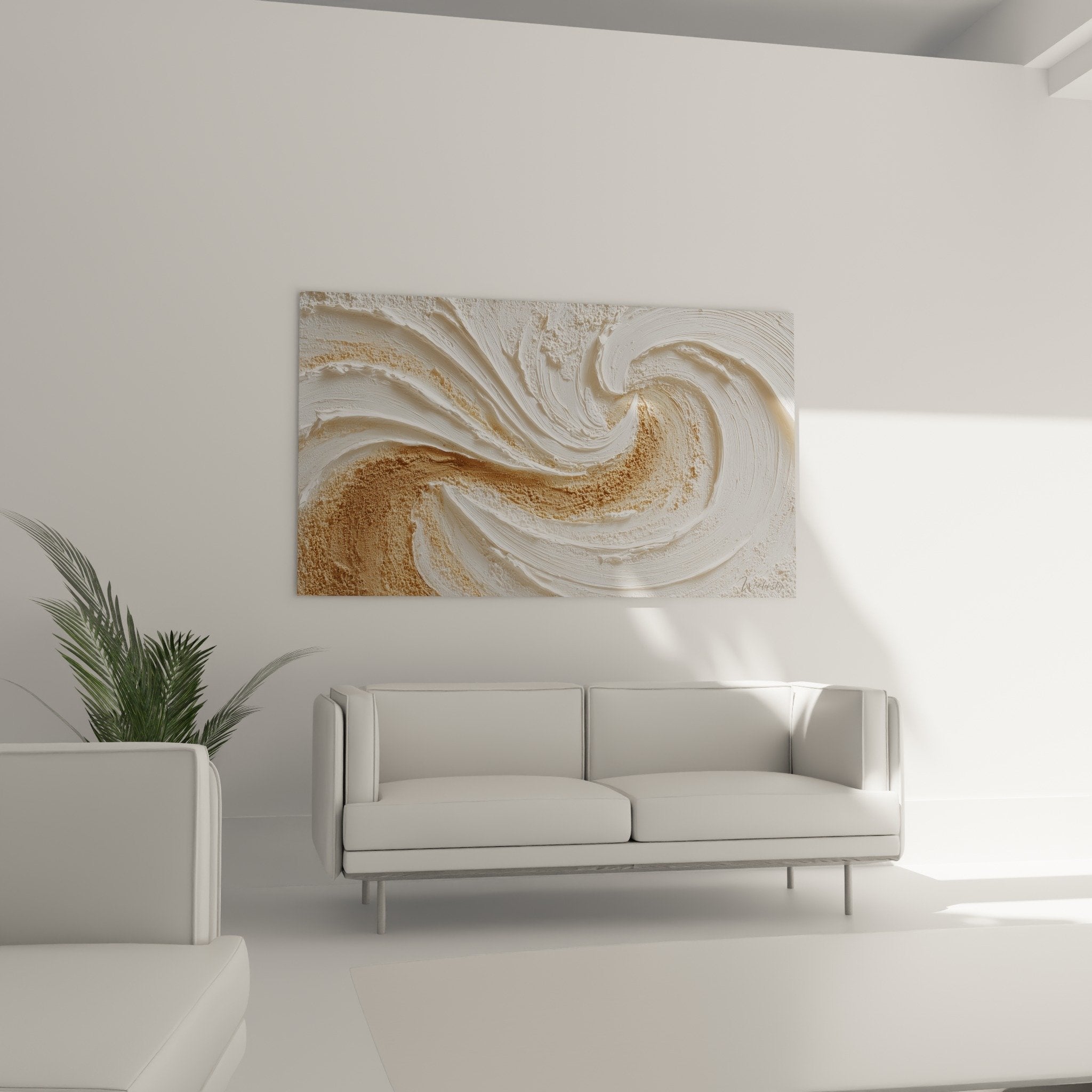 Textured detail of abstract spiral painting in beige tones with pearl-like iridescent effects