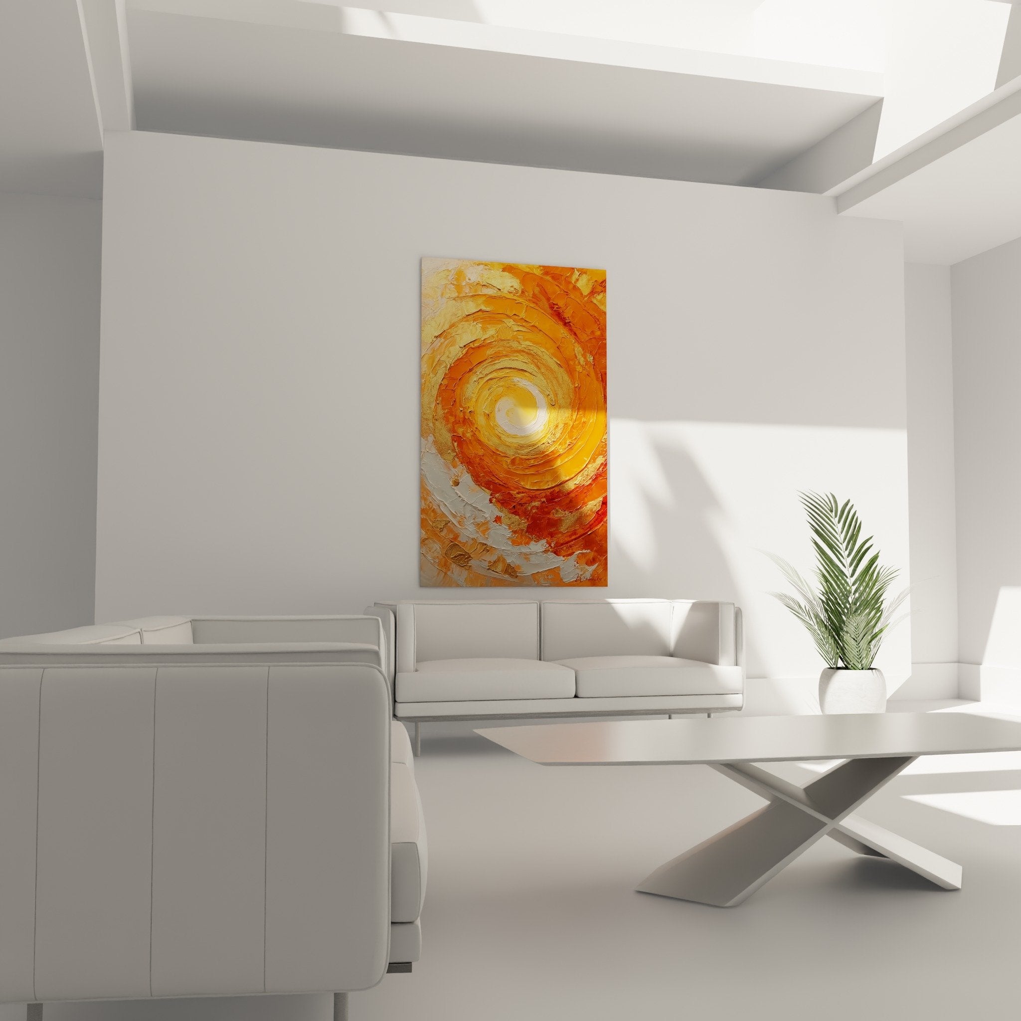 Close-up thick textured golden orange spiral impasto relief feng shui south fire artwork detail