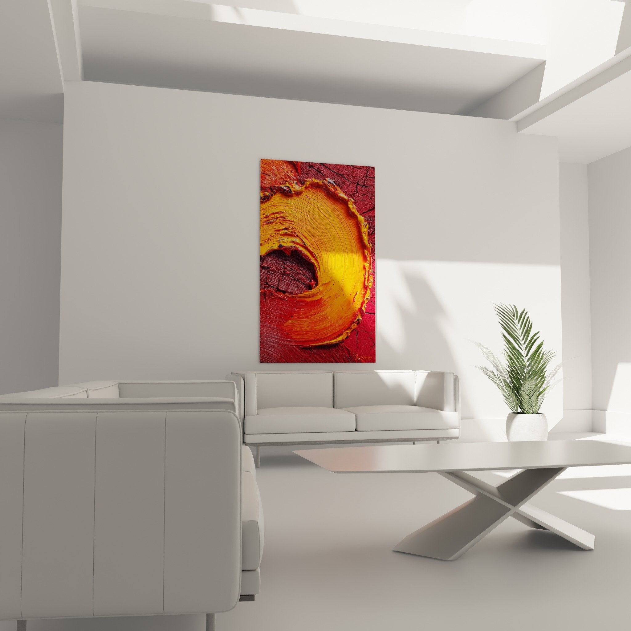 Detail texture empâtee spirale orange rouge peinture relief feng shui sud feu