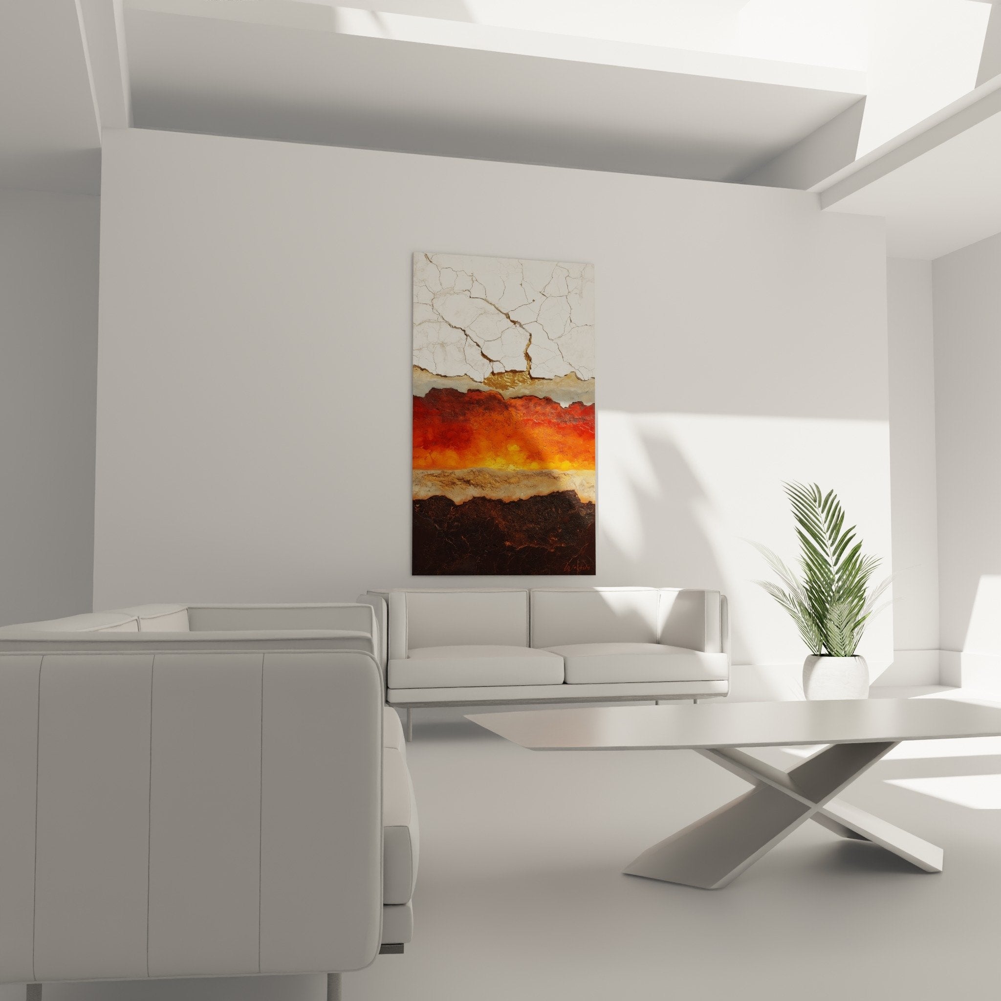 Détail texture rugueuse strates orange ocre blanc craquelures dorées tableau feng shui terre