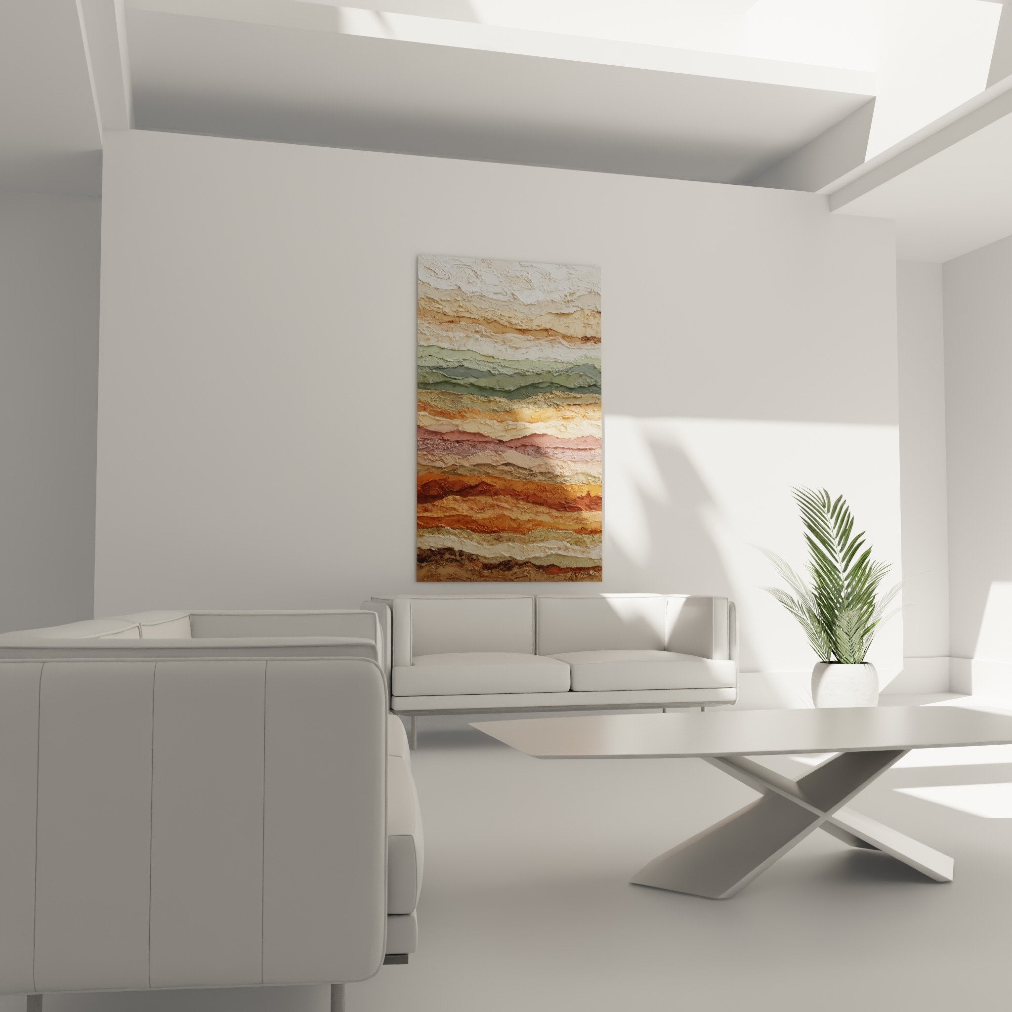 Detailansicht Oberflächenstruktur geologische Schichtung dicke Farbschichten beige Ocker grün Rost