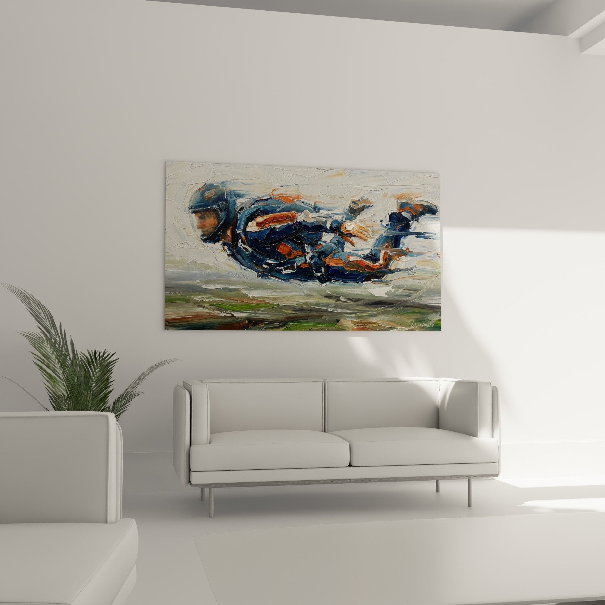 Texturdetail mit Impasto abstraktes Gemälde blau orange expressiver Pinselstrich Fallschirm