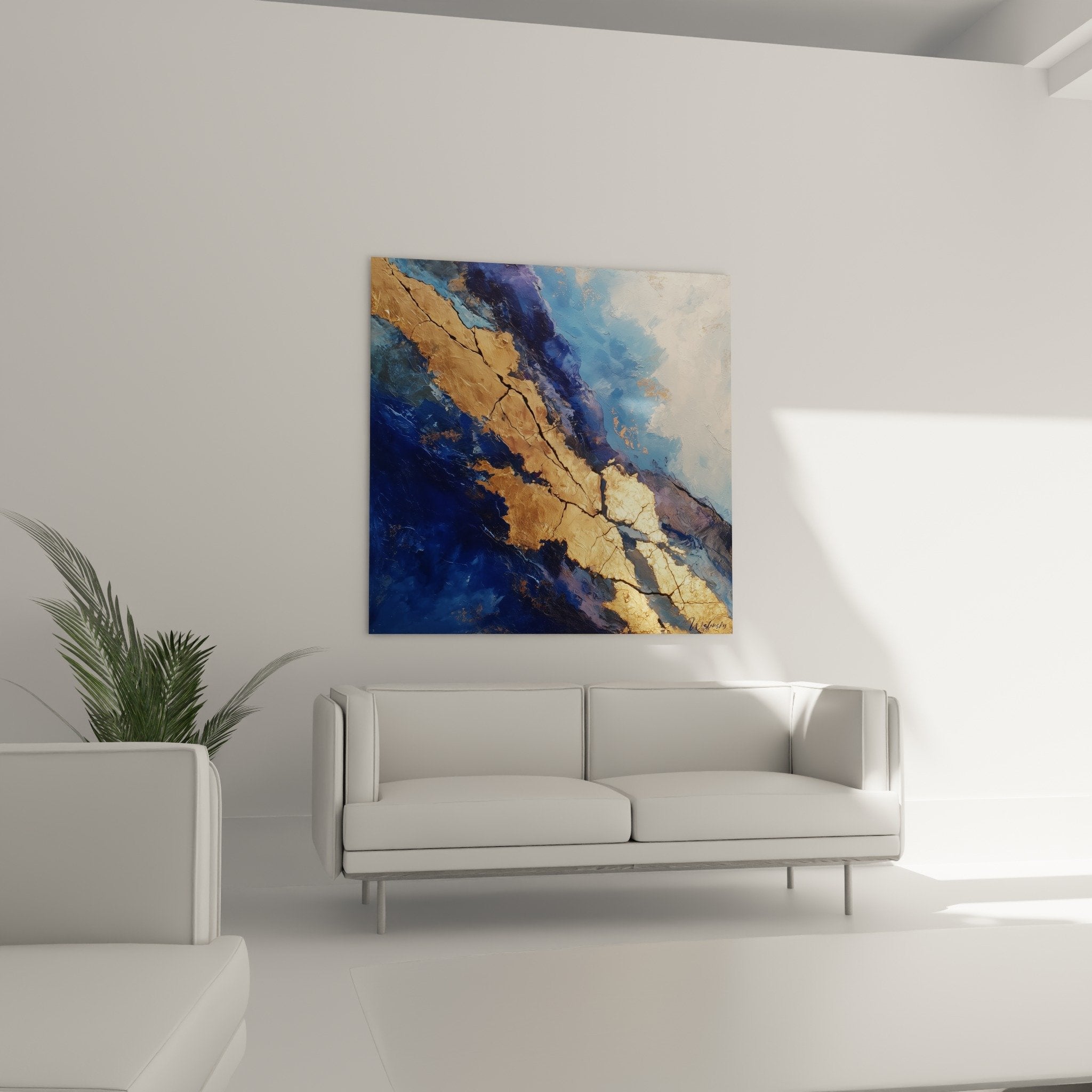 Détail matière tableau abstrait craquelures dorées texture rugueuse bleu profond