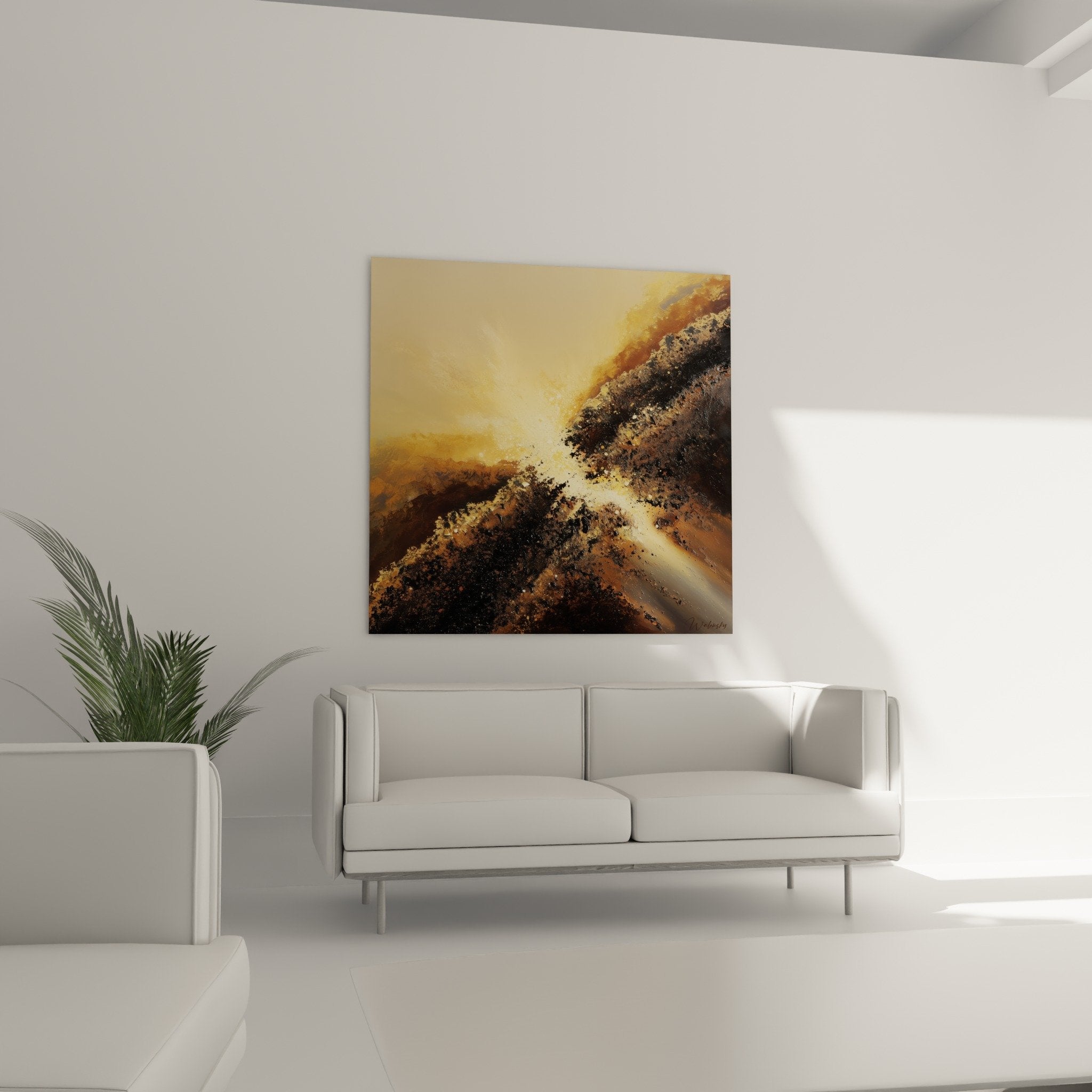 Detailaufnahme strukturierte Textur abstraktes Gemälde, goldene Partikel auf braunem Feng-Shui-Hintergrund Erdmitte
