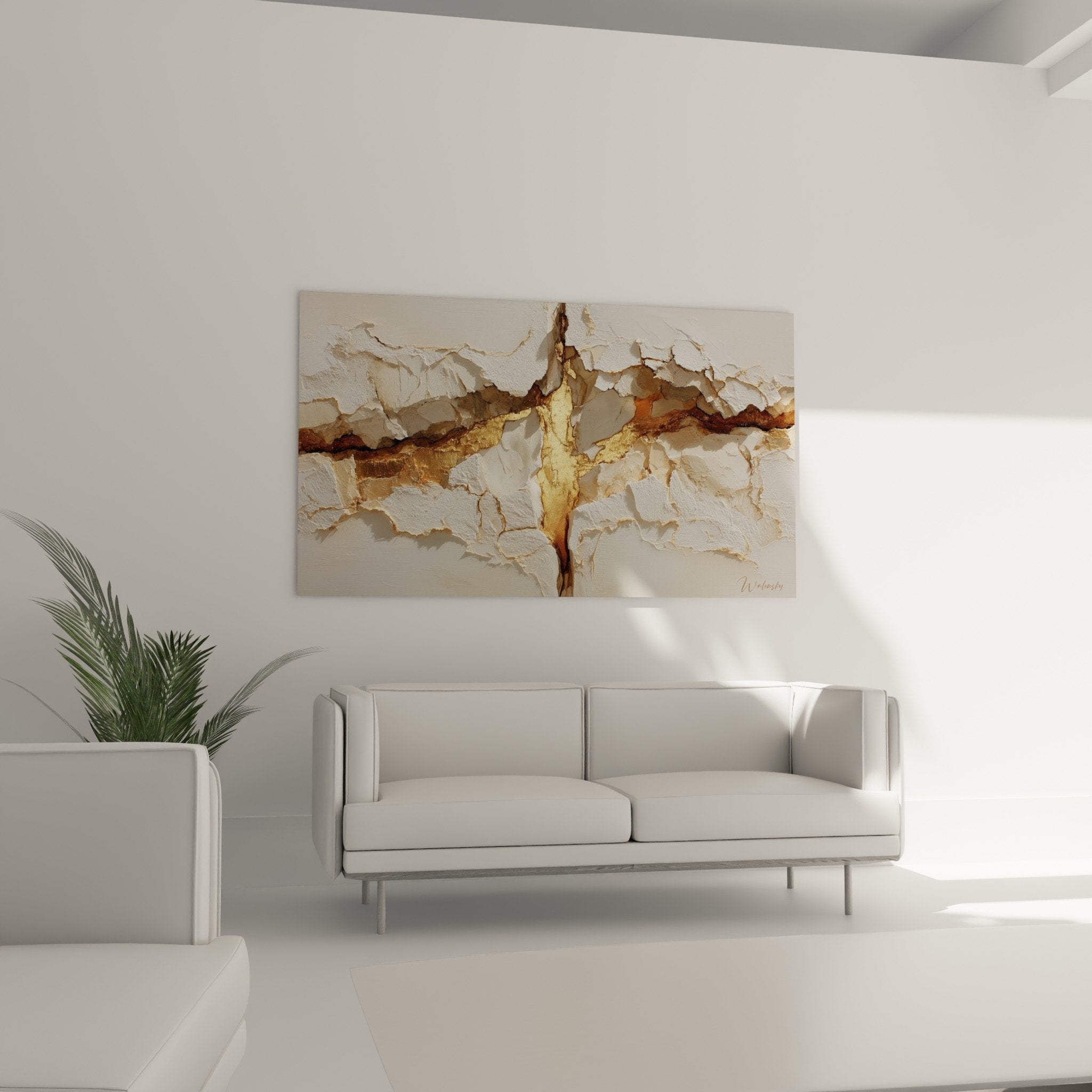 Textured relief abstract artwork with golden white veins feng shui earth center organic material detail