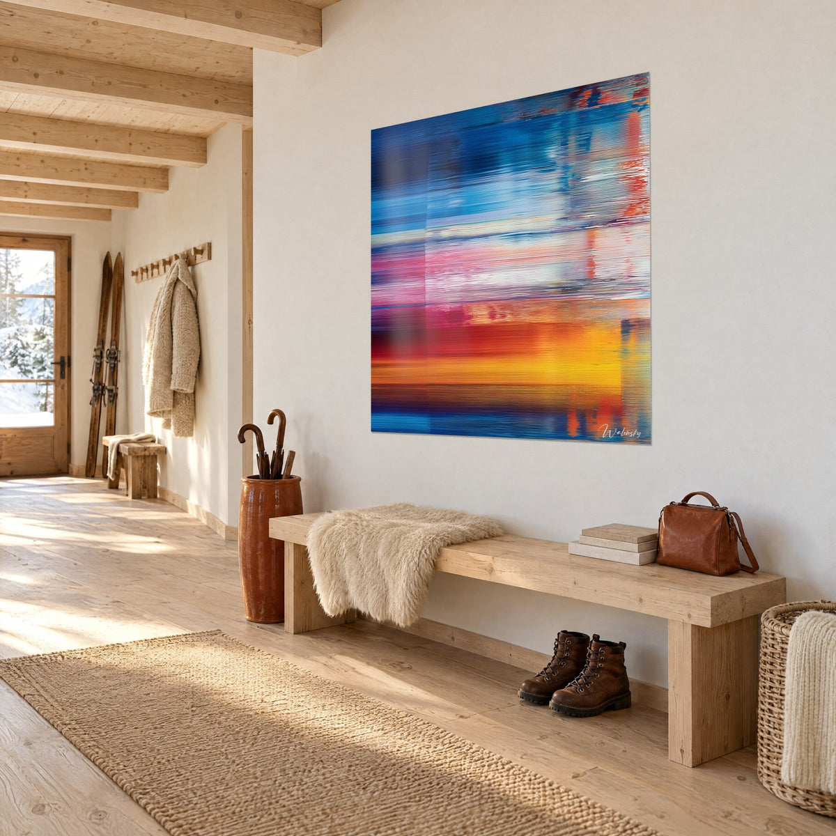 Tableau abstrait strié aux nappes bleu marine et jaune safran, vu de trois quarts sur un mur blanc d'une entrée en bois clair