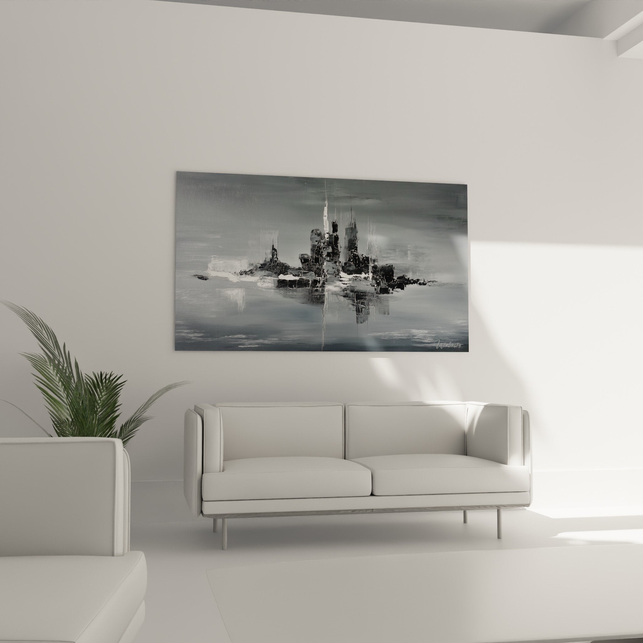 Detail texture tableau abstrait gris blanc empâtements et coulees lumineuses style contemporain feng shui
