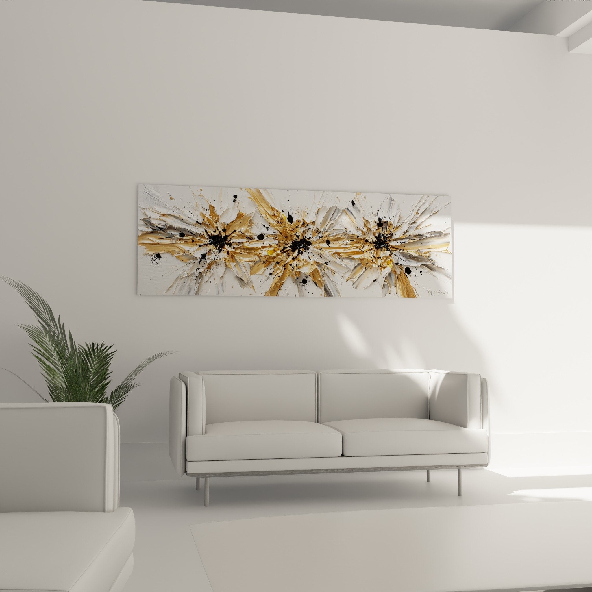 Detail tableau abstrait texture doree argentee eclaboussures noires matiere epaisse lumineuse