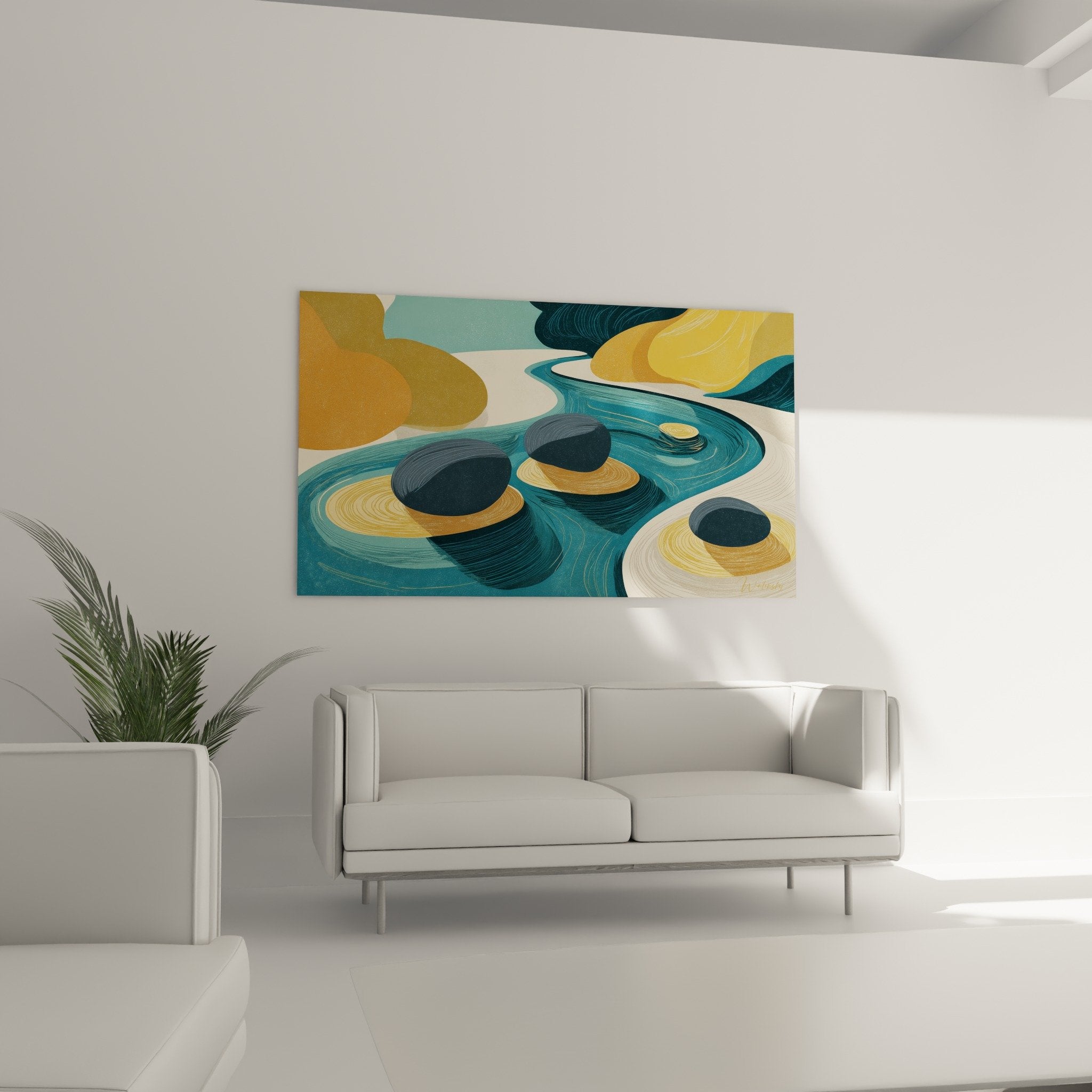 Détail tableau abstrait textures sable doré et formes organiques bleues avec effets de matière