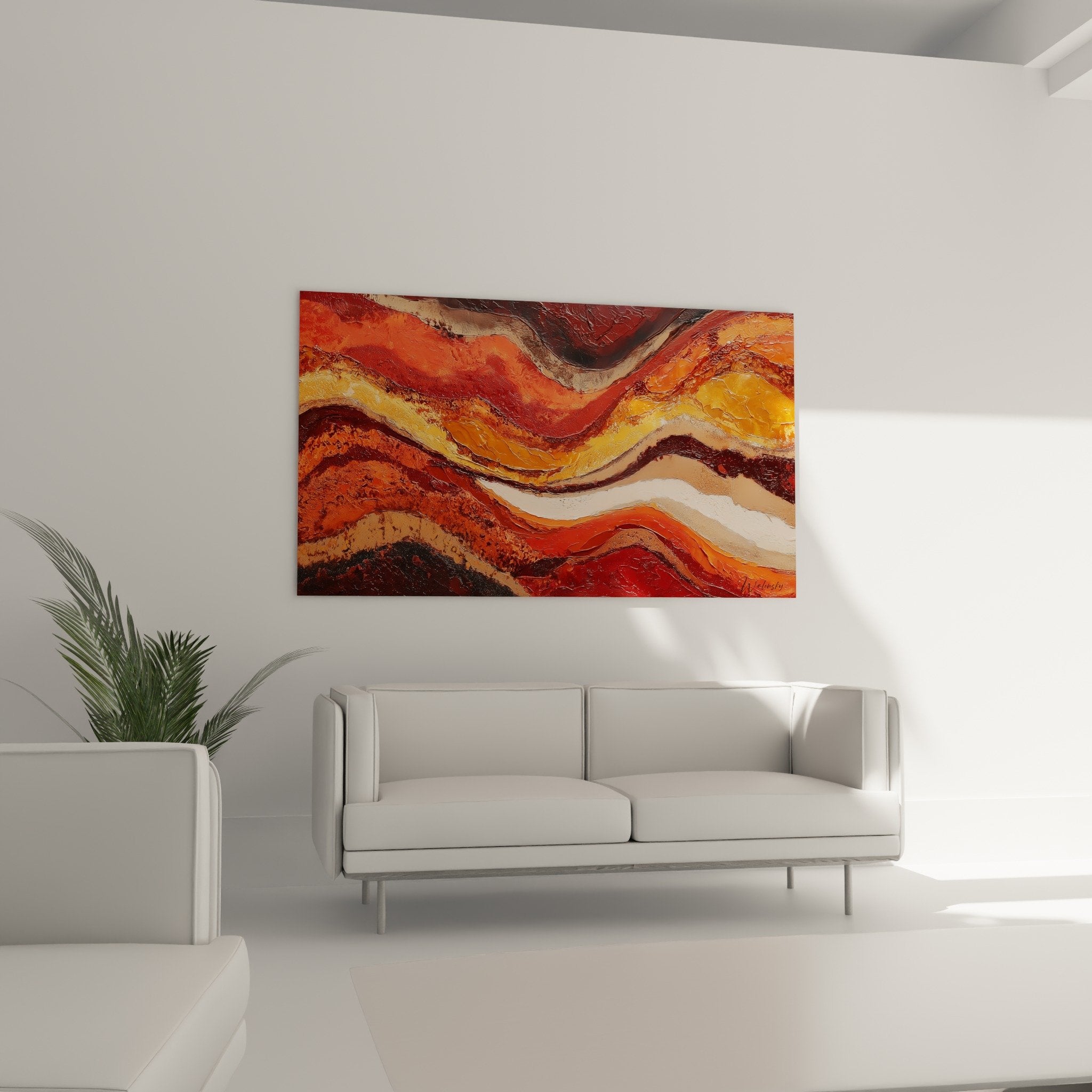Détail textures tableau abstrait vagues orangées terres cuites empâtements matières feng shui centre terre