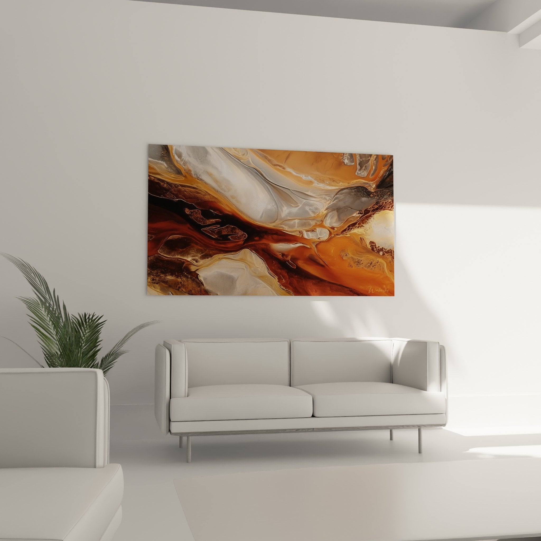 Detail texture abstract artwork showing metallic reflections and organic earthy sienna flows