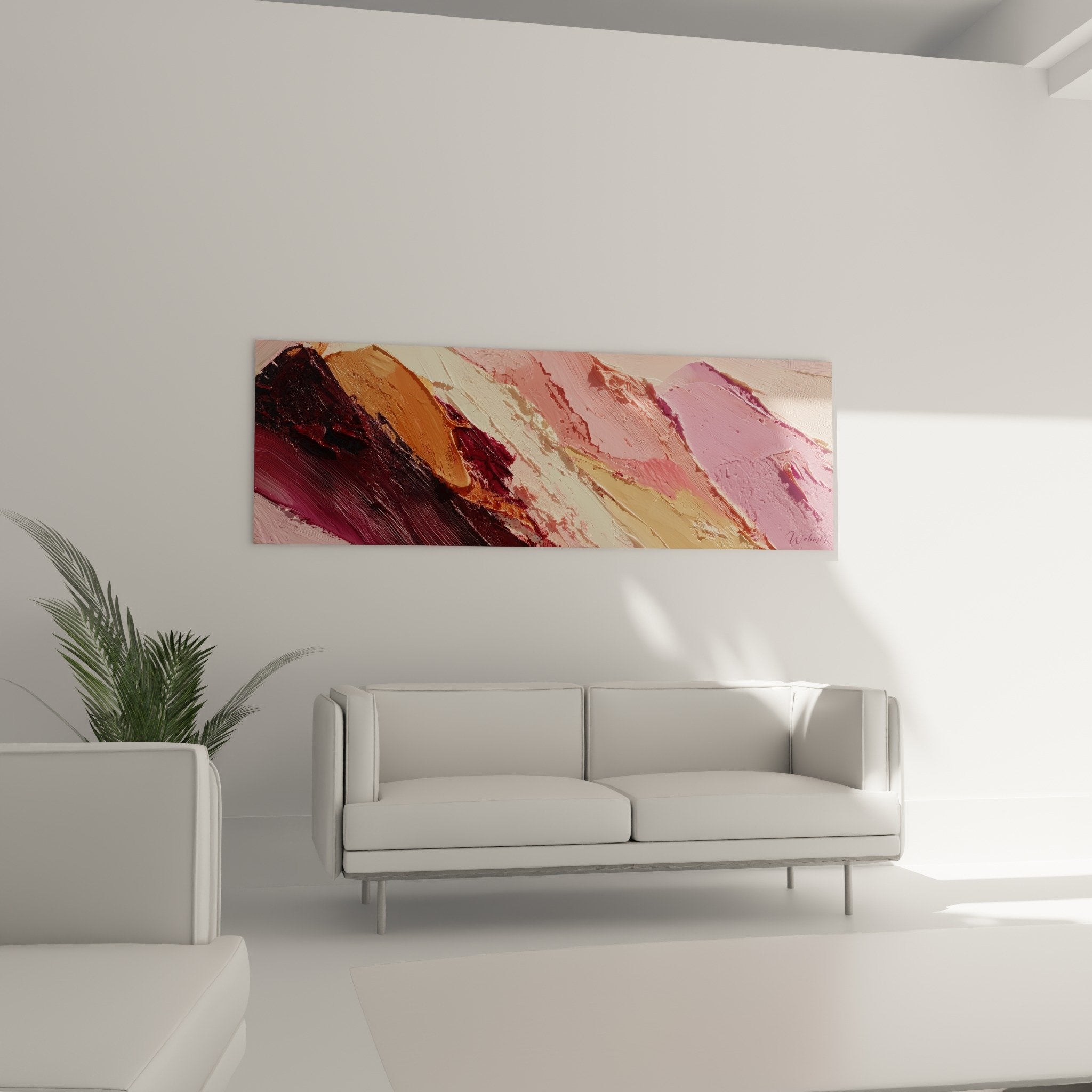 Detail texture empâtée tableau abstrait roses corail beiges matière picturale feng shui terre
