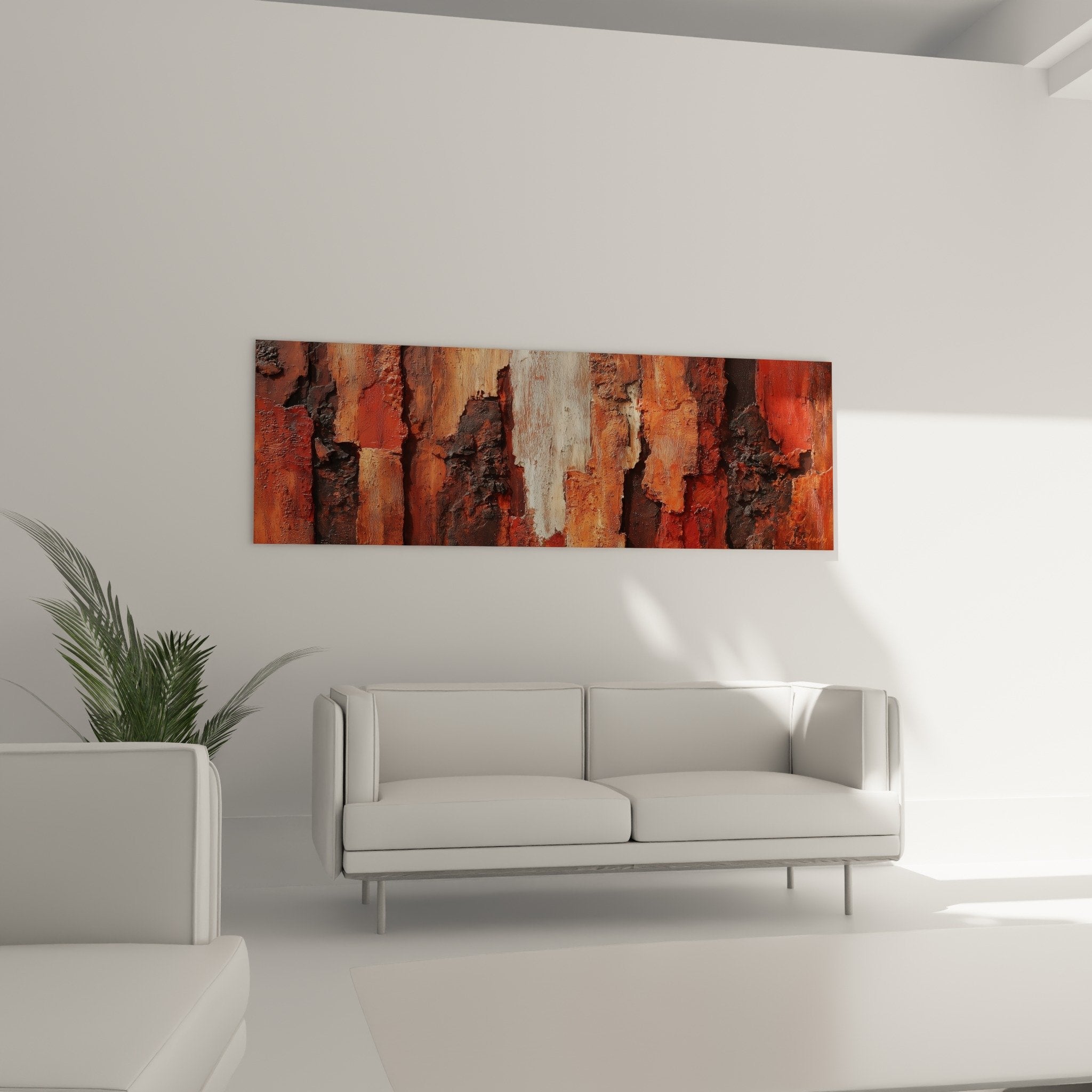 Détail texture rugueuse tableau abstrait rouge brique beige feng shui