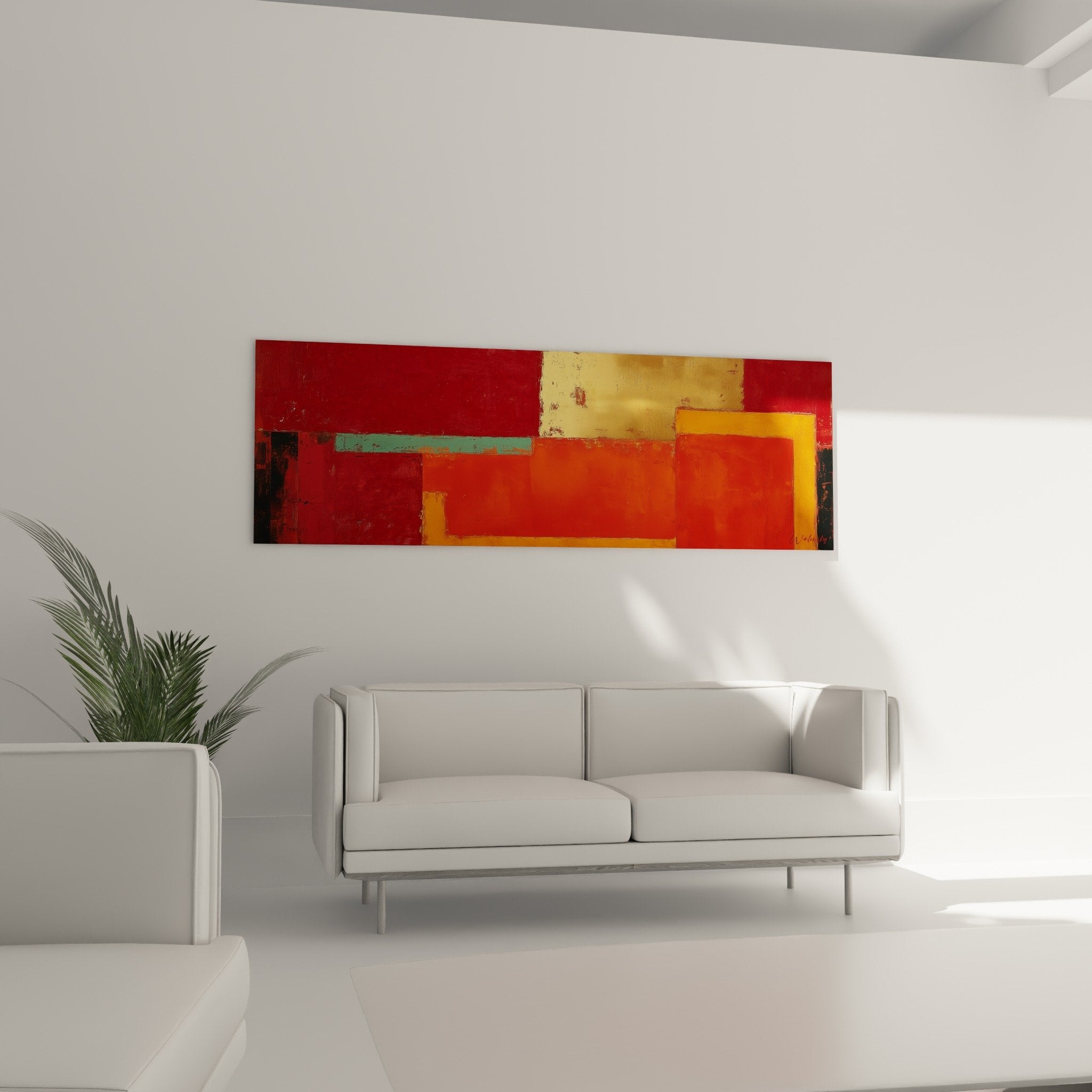 detail texture patine tableau abstrait rouge orange touches dorees feng shui sud feu