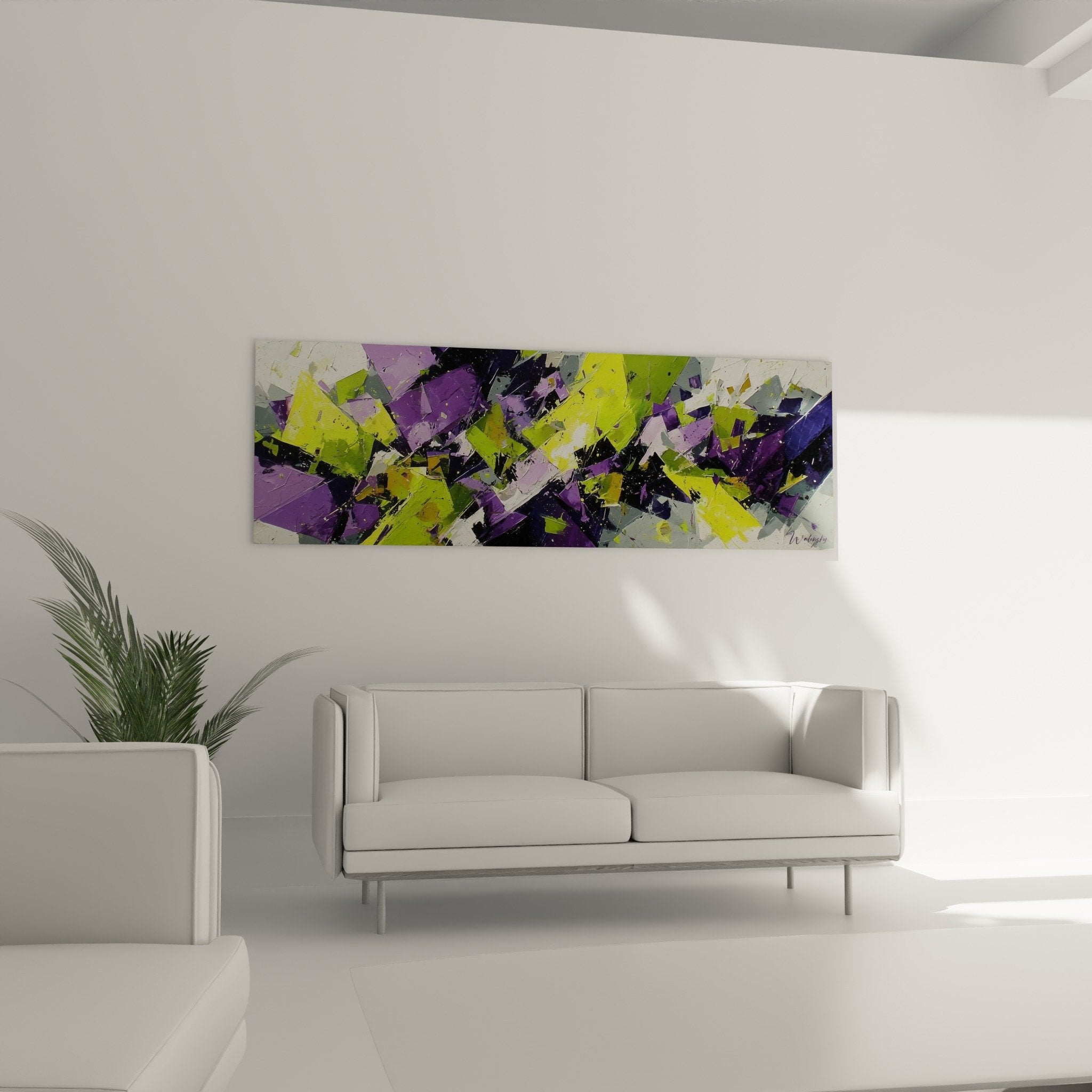 detailed texture thick paint strokes purple green colors abstract painting feng shui southeast wood