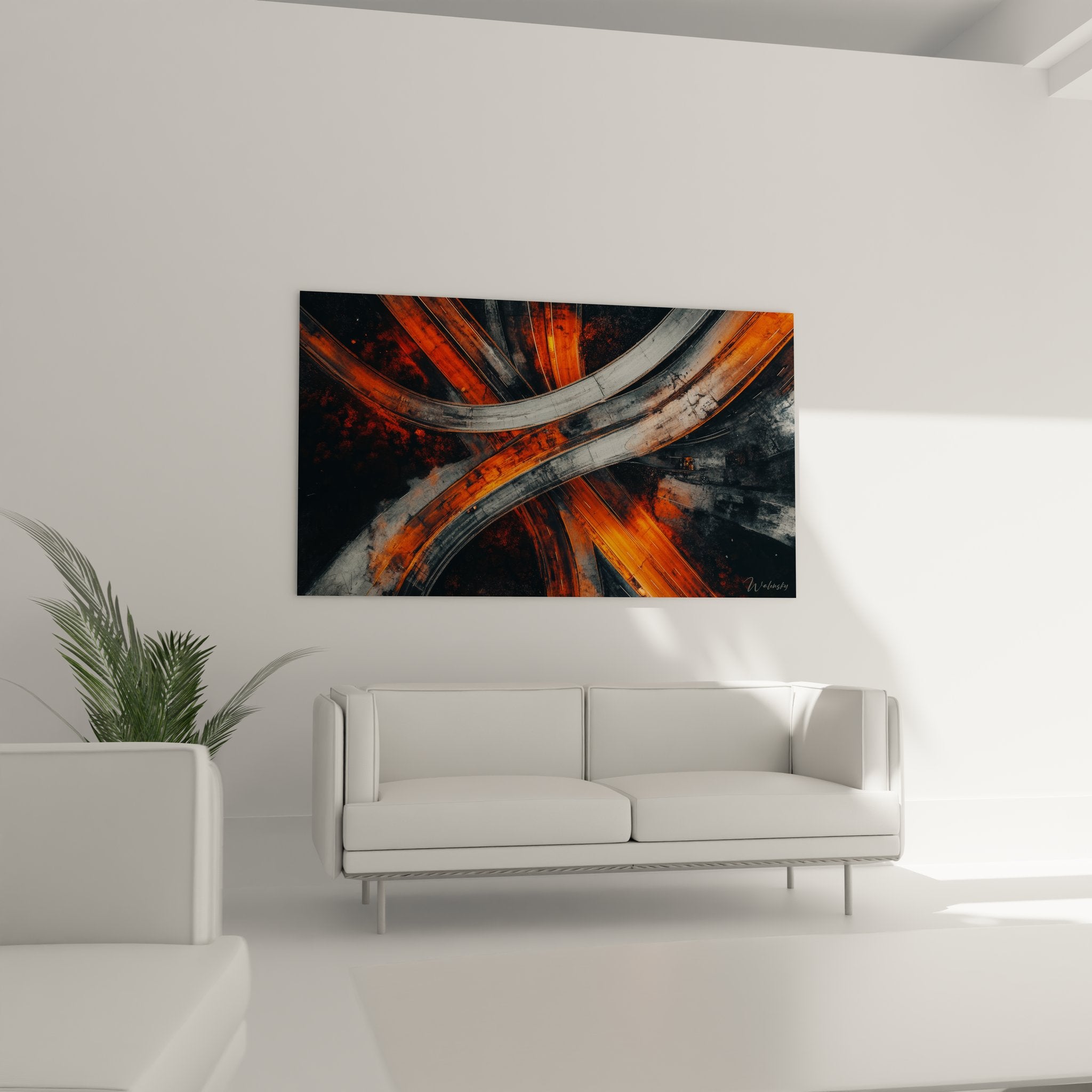 Détail texture tableau architectural échangeur autoroutier, matières orange et gris, peinture abstraite moderne