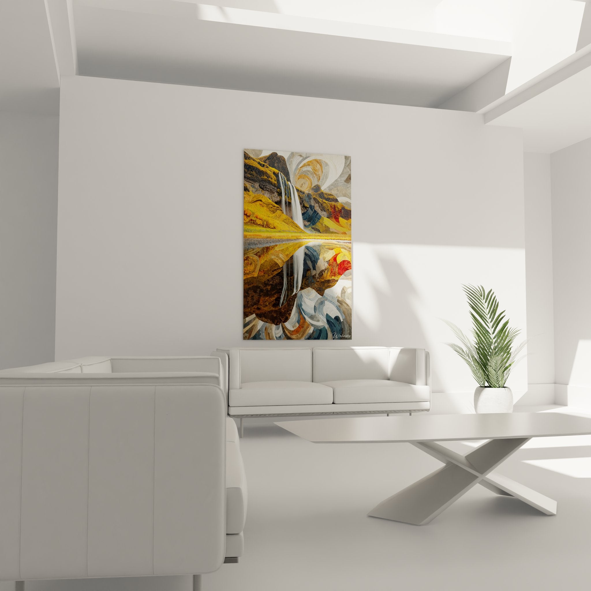 Détail texture tableau cascade, effets matière dorés et techniques artistiques contemporaines