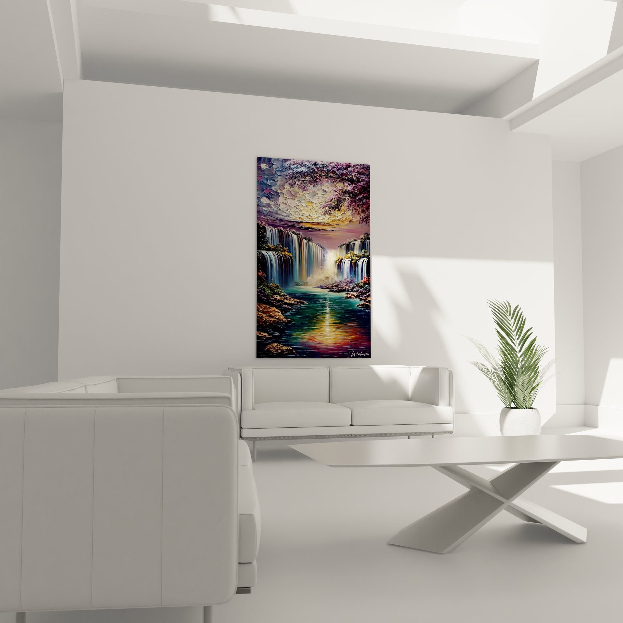 Détail texture empâtée tableau cascade montrant technique picturale raffinée