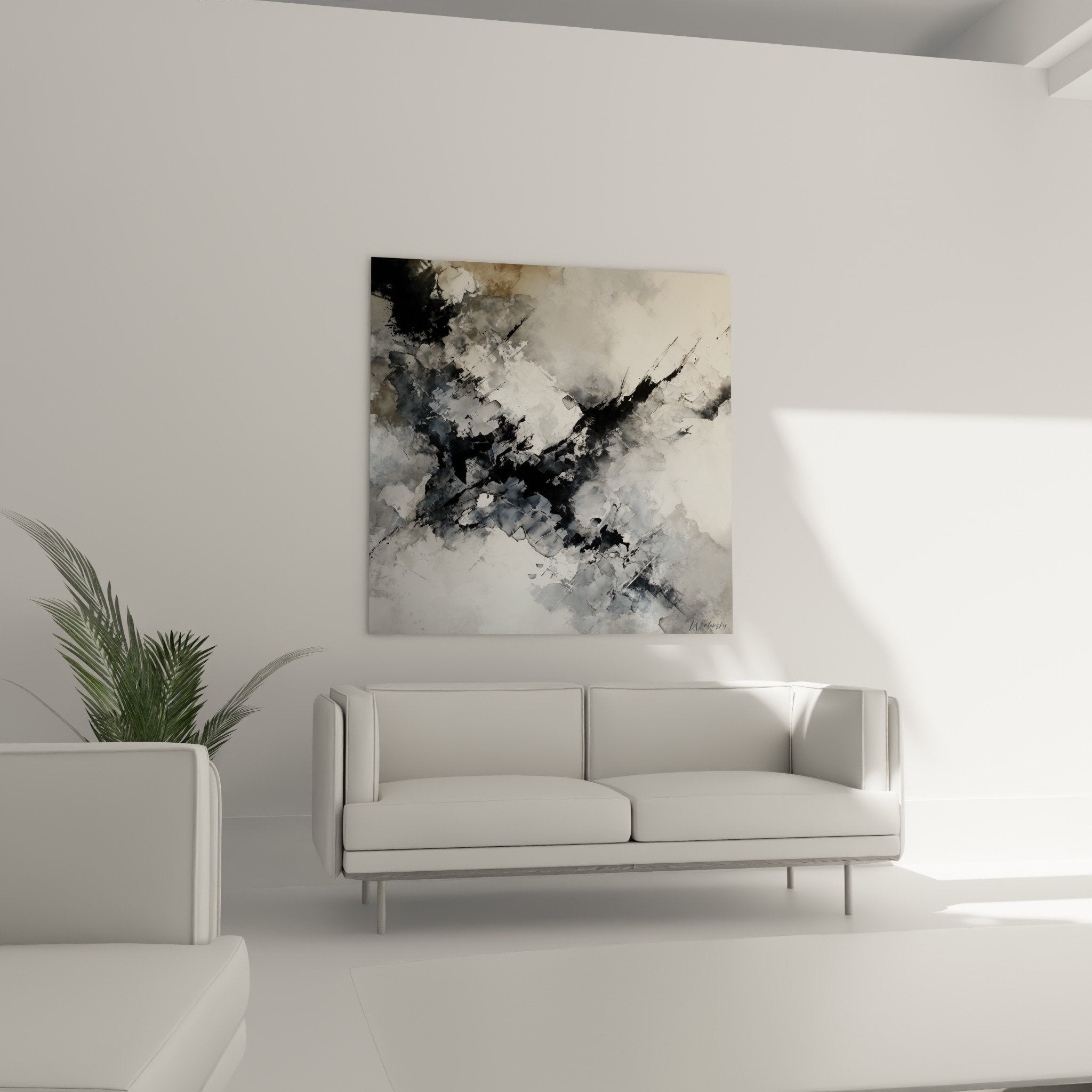 Tableau Abstrait Noir Gris - Tempête Métallique Feng Shui