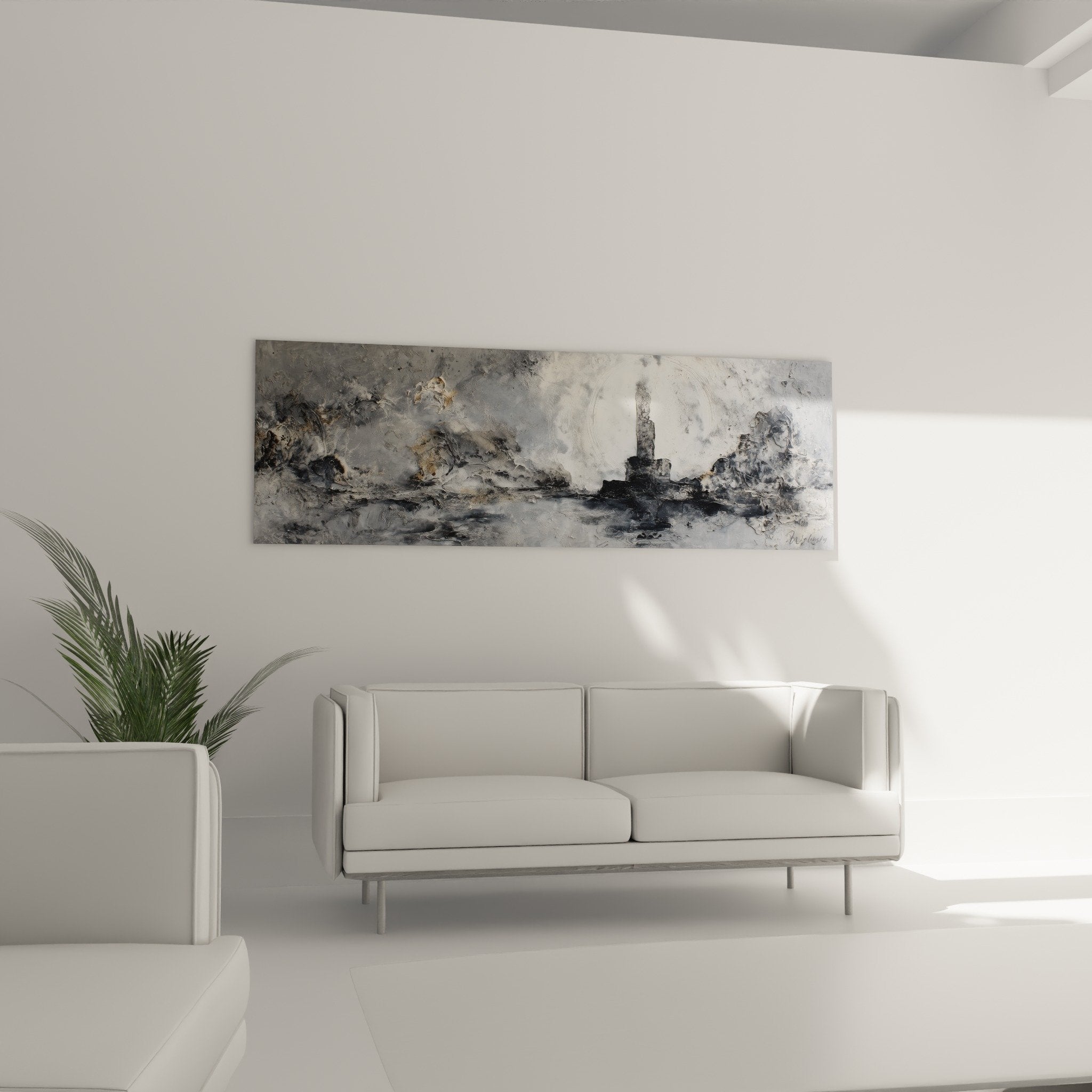 Textured impasto abstract painting detail with metallic gray tones, material effects and silver nuances