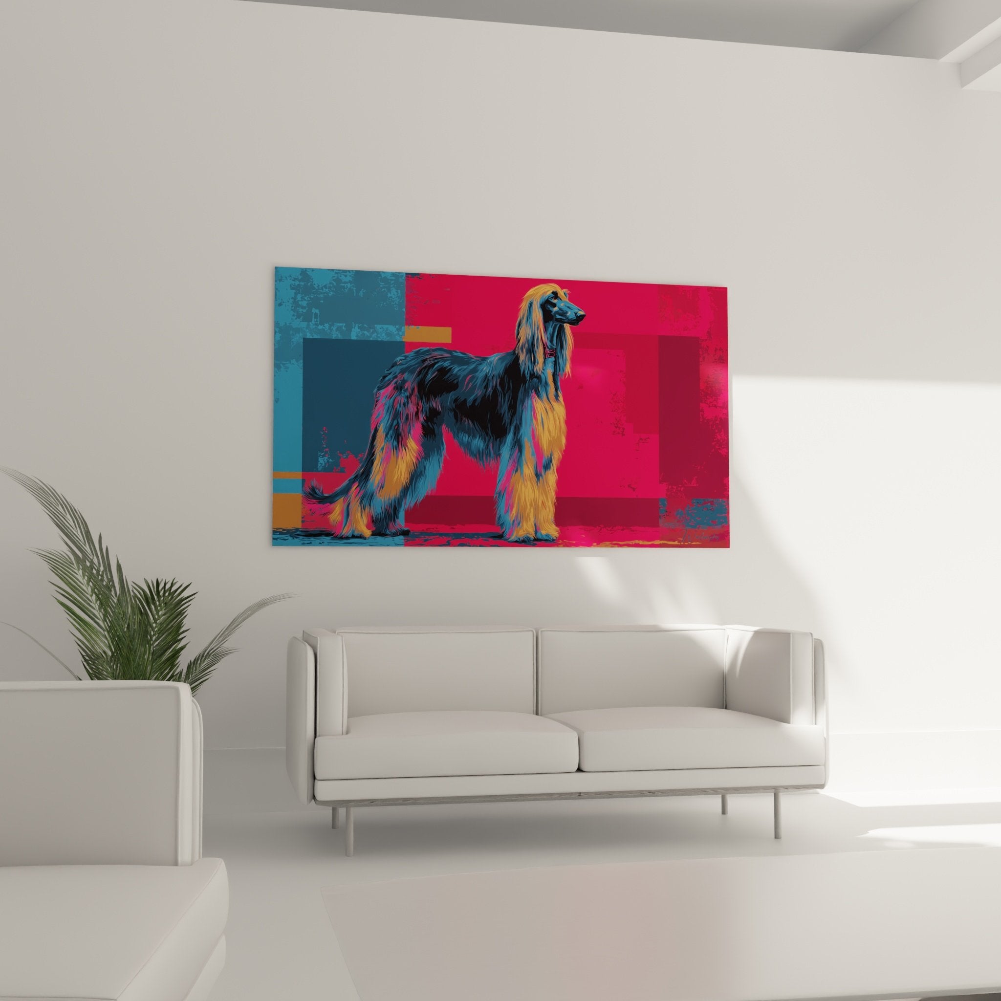 Détail tableau Lévrier Afghan montrant textures pelage doré et arrière-plan géométrique bleu rouge