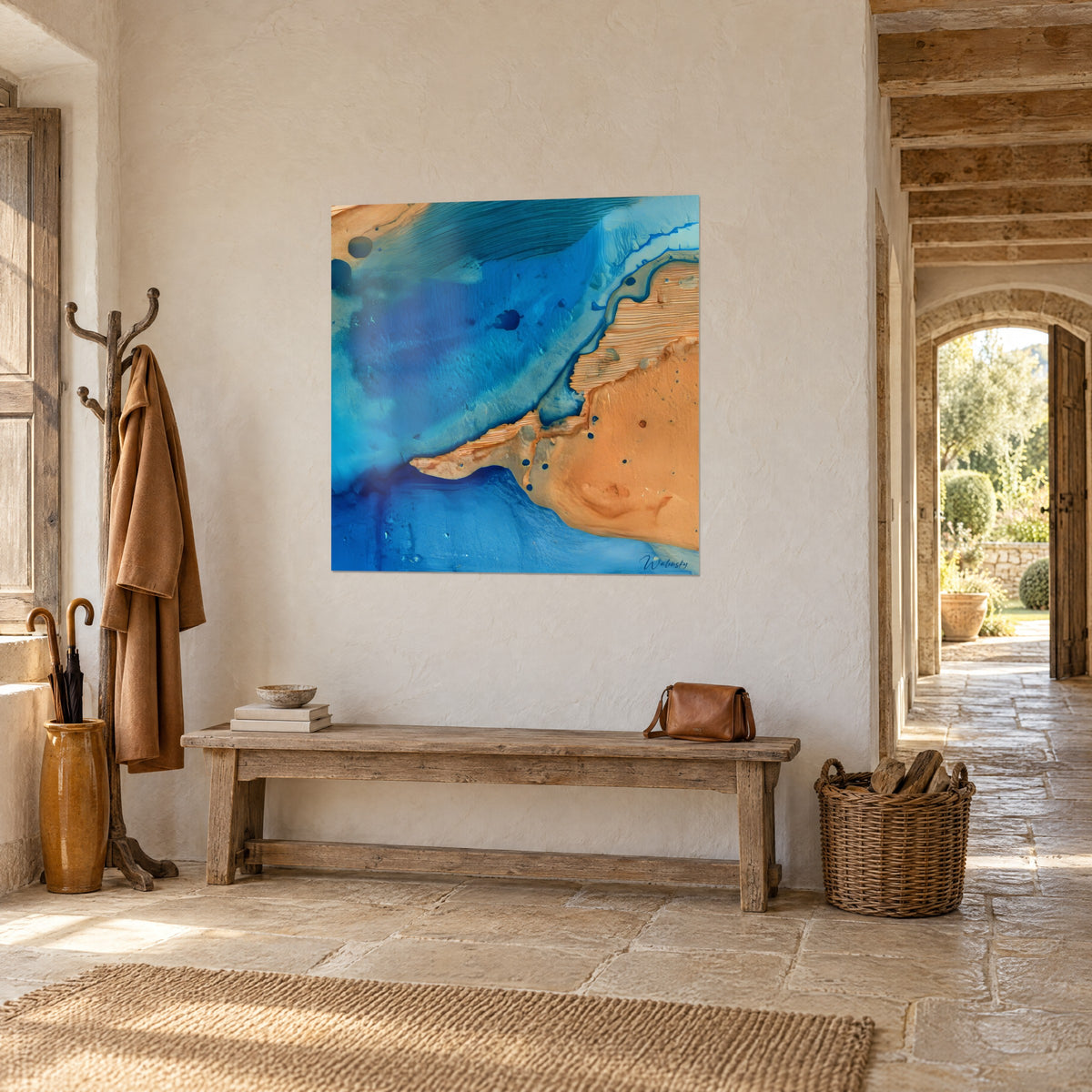 Tableau littoral orange cuivré bordé de turquoise, coulures et petits points sombres, en pierre et poutres