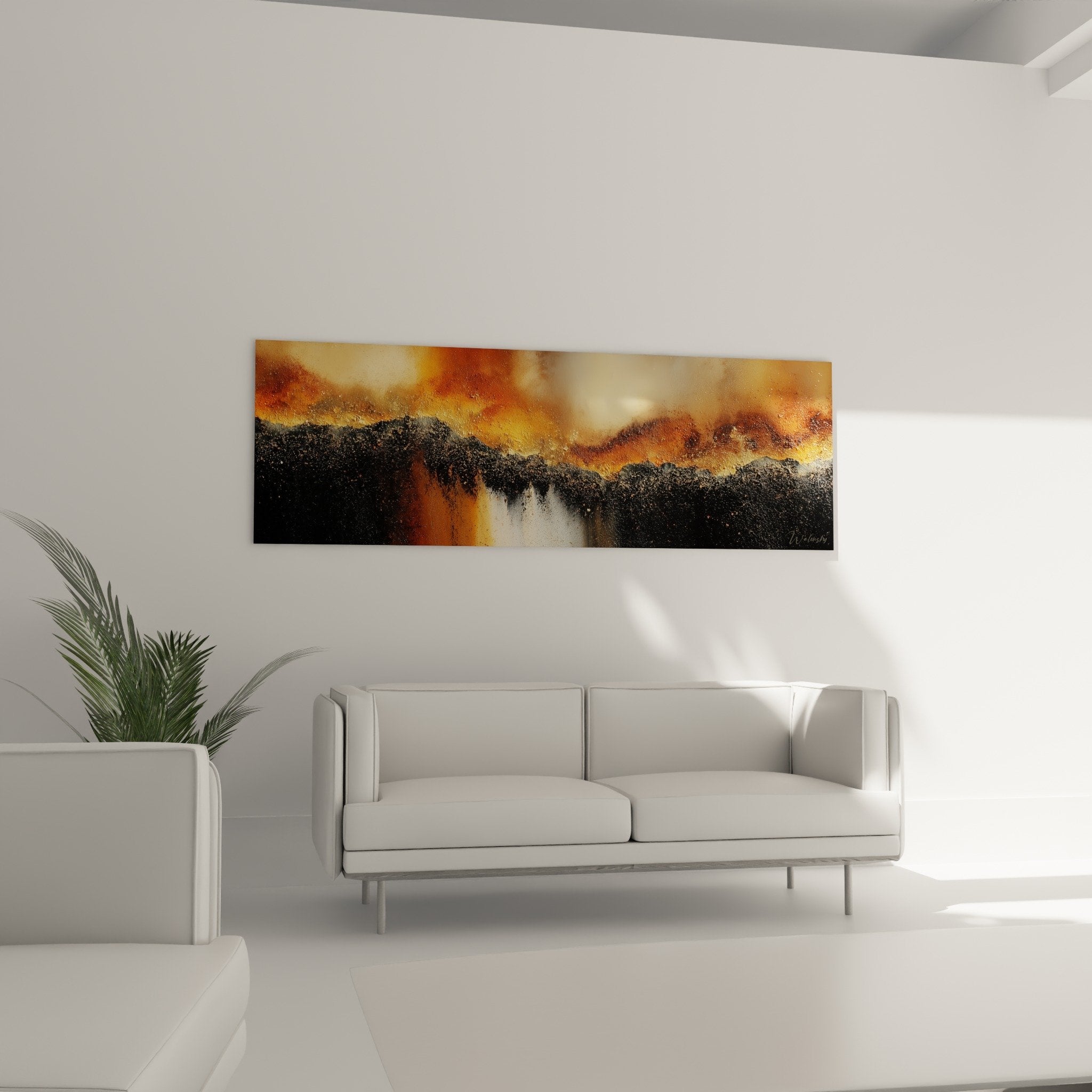 Detail texture granuleuse tableau abstrait orange noir reflets dores matiere relief feng shui centre terre