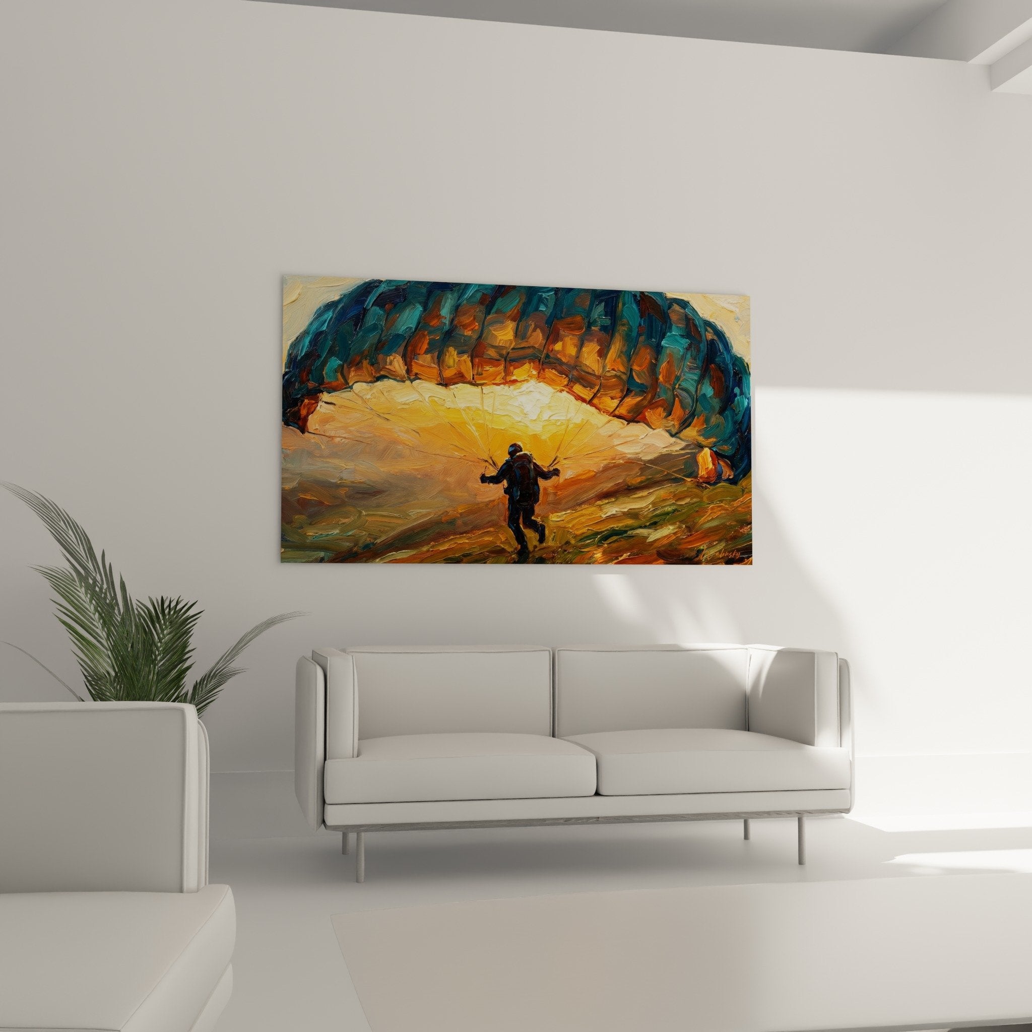 Détail tableau parapentiste grotte, texture peinture épaisse tons chauds orangés contrastes turquoise art moderne