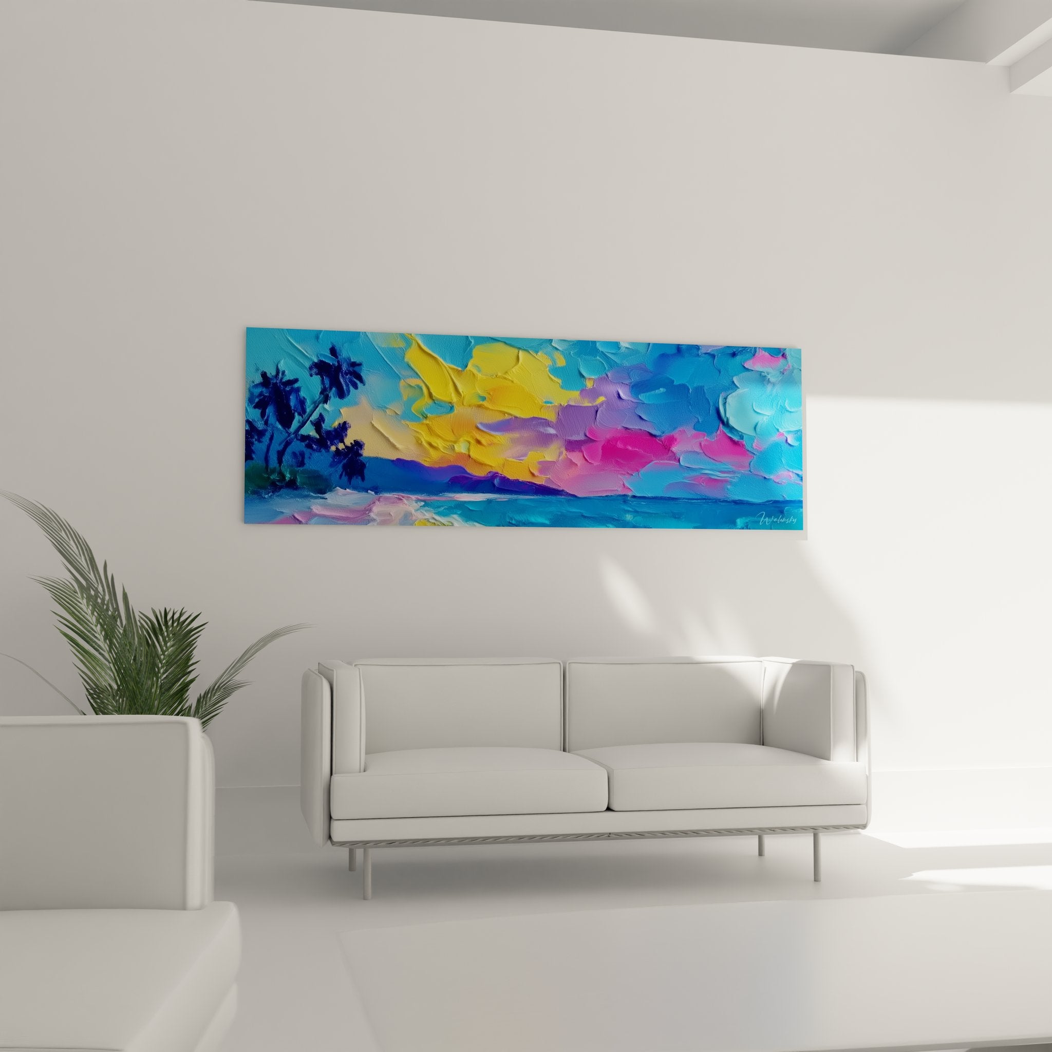 Détail texture empâtée tableau paysage tropical couleurs vives jaune bleu rose