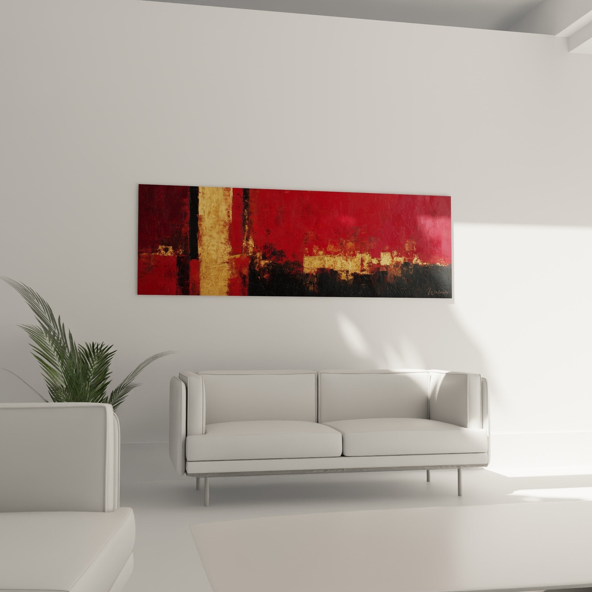 Detail texture dorée et rouge du tableau abstrait feng shui sud feu