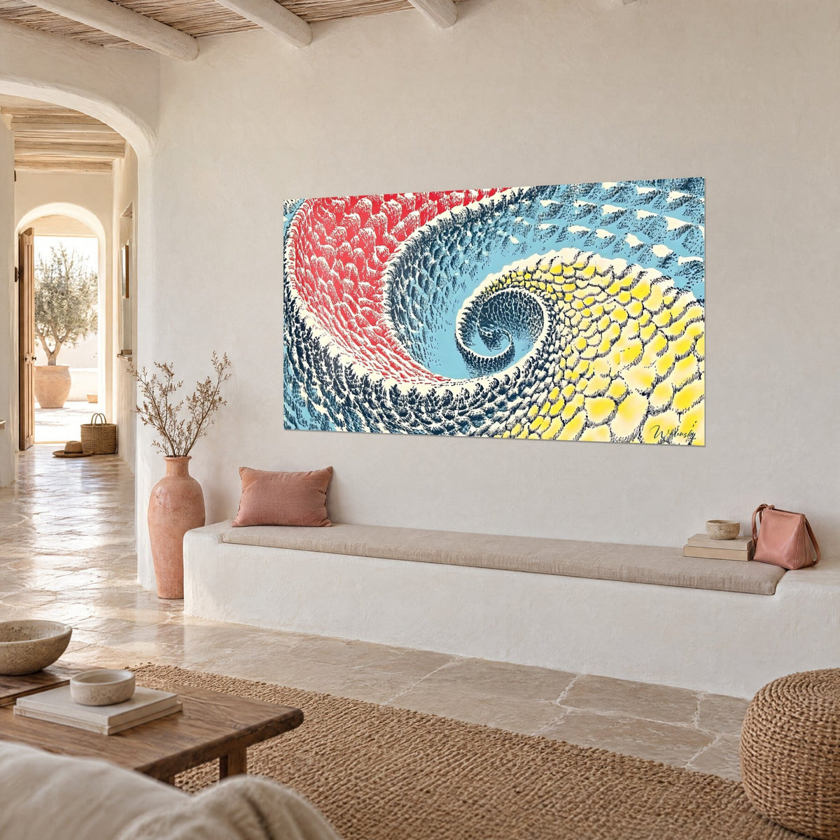 Wall art with a vortex of carmine, light blue and sunshine yellow scales, three-quarter view on a white wall, Mediterranean home