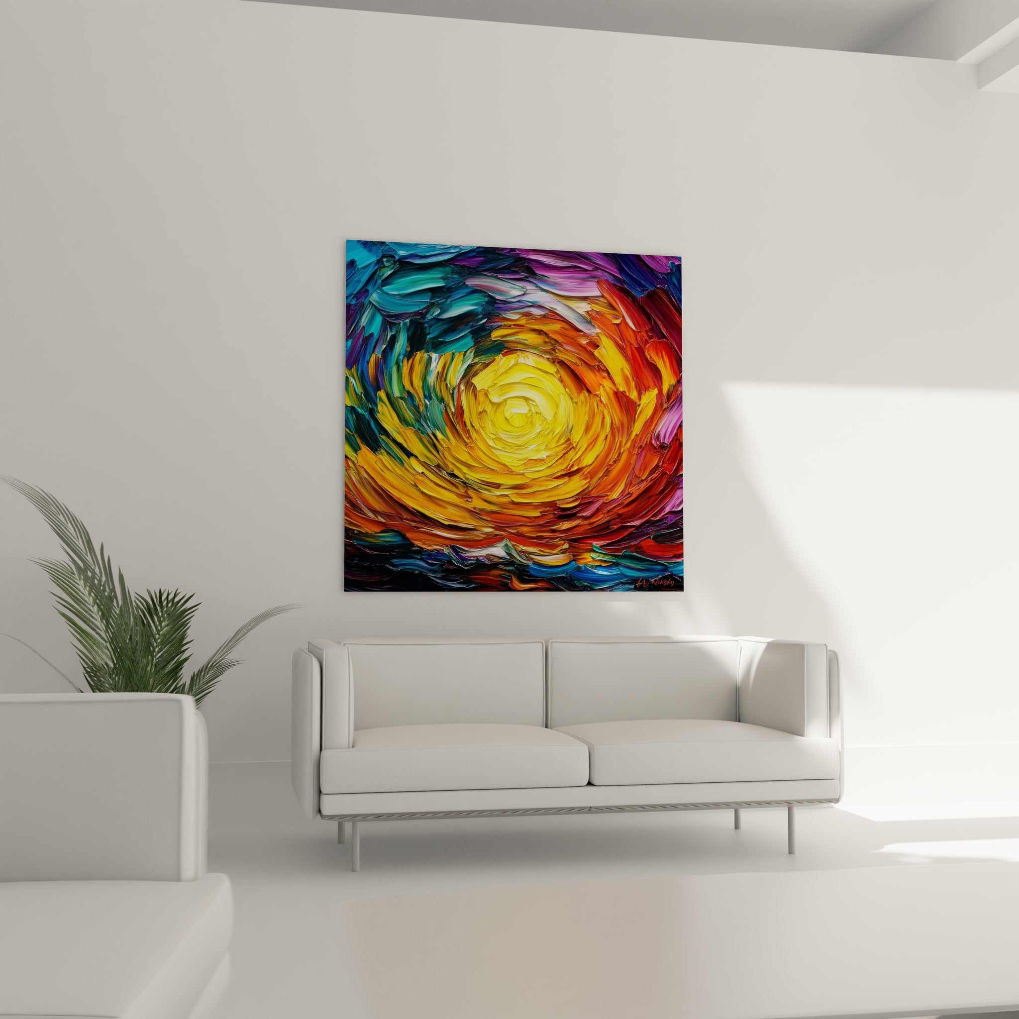 Détail gros plan texture empâtée tableau spirale abstraite couleurs vives jaune orange rouge