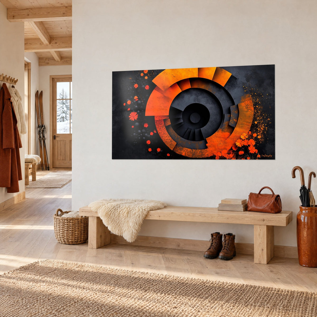 Schilderij met geneste cirkels in levendig oranje op antracietkleurige achtergrond, gouden spatten, hangend in de entree van een chalet van licht hout