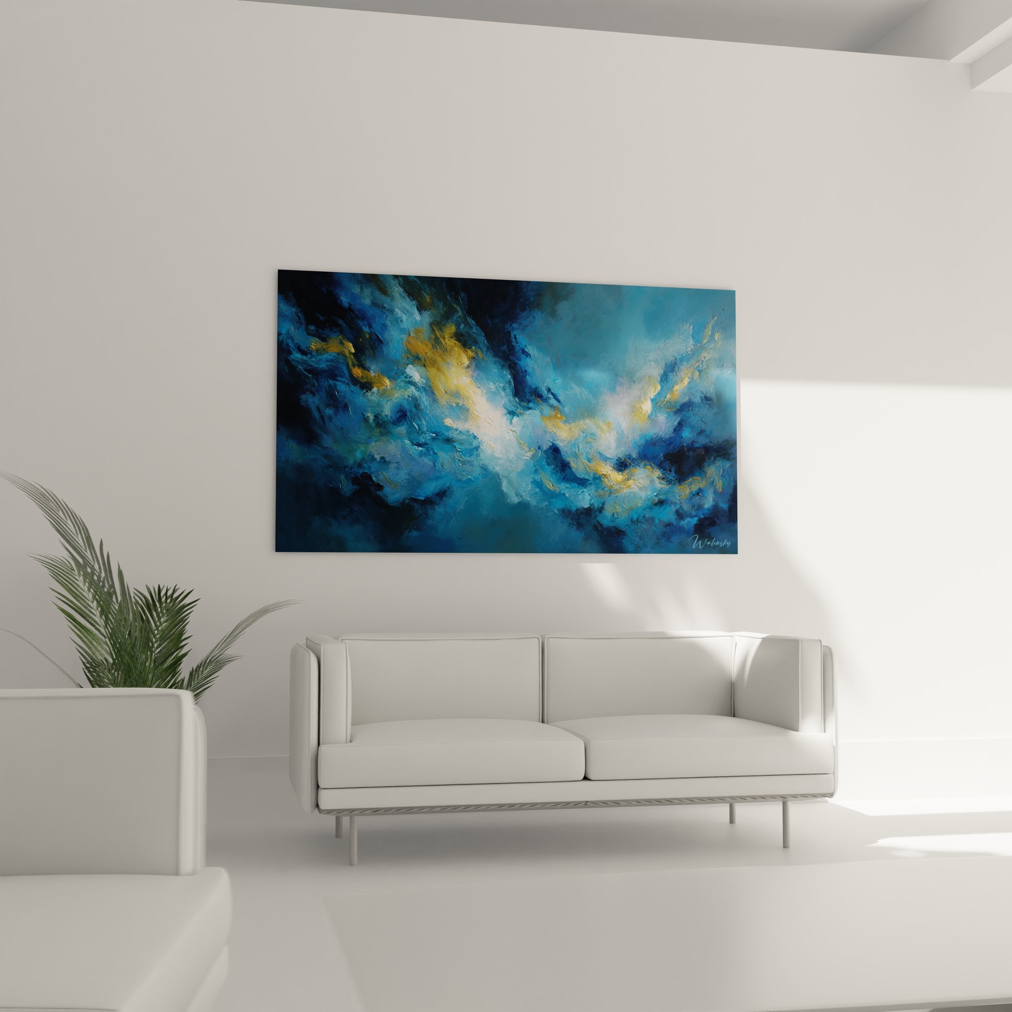 Gros plan détaillé tableau marine abstrait textures expressives peinture bleue dorée moderne