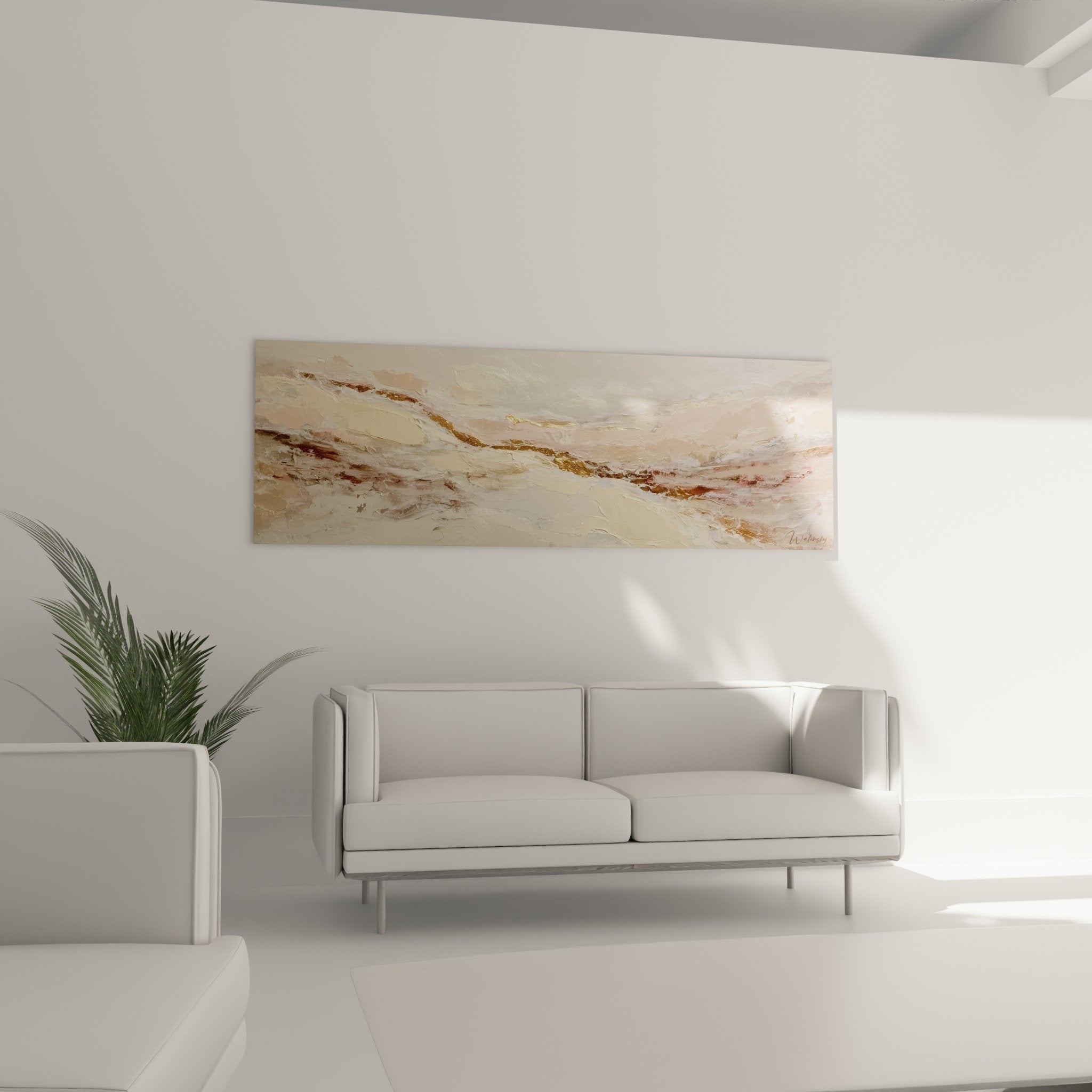 Detail texture tableau abstrait veines dorees relief beige rose feng shui centre terre