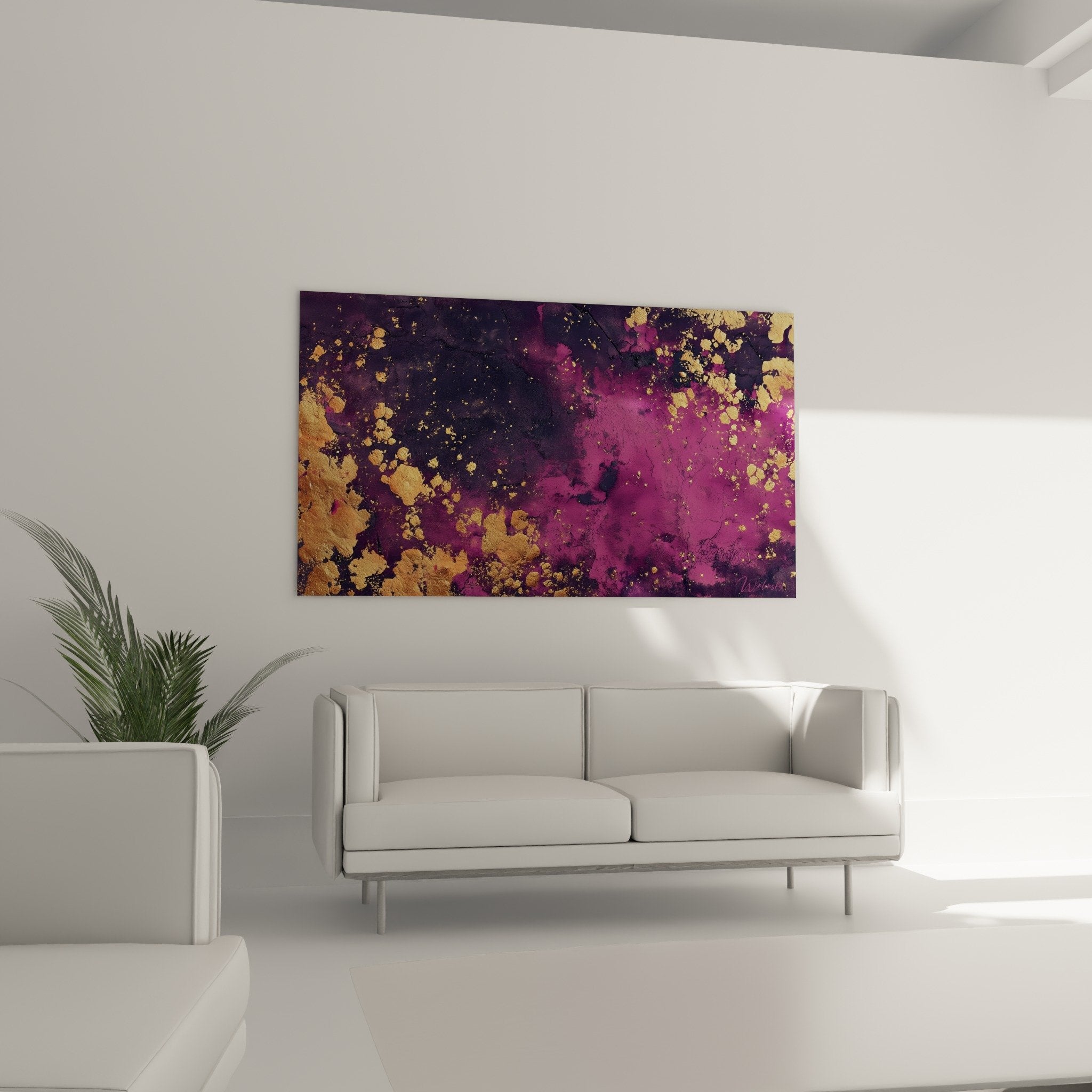 Abstract painting texture detail - golden splashes on purple background for feng shui decoration