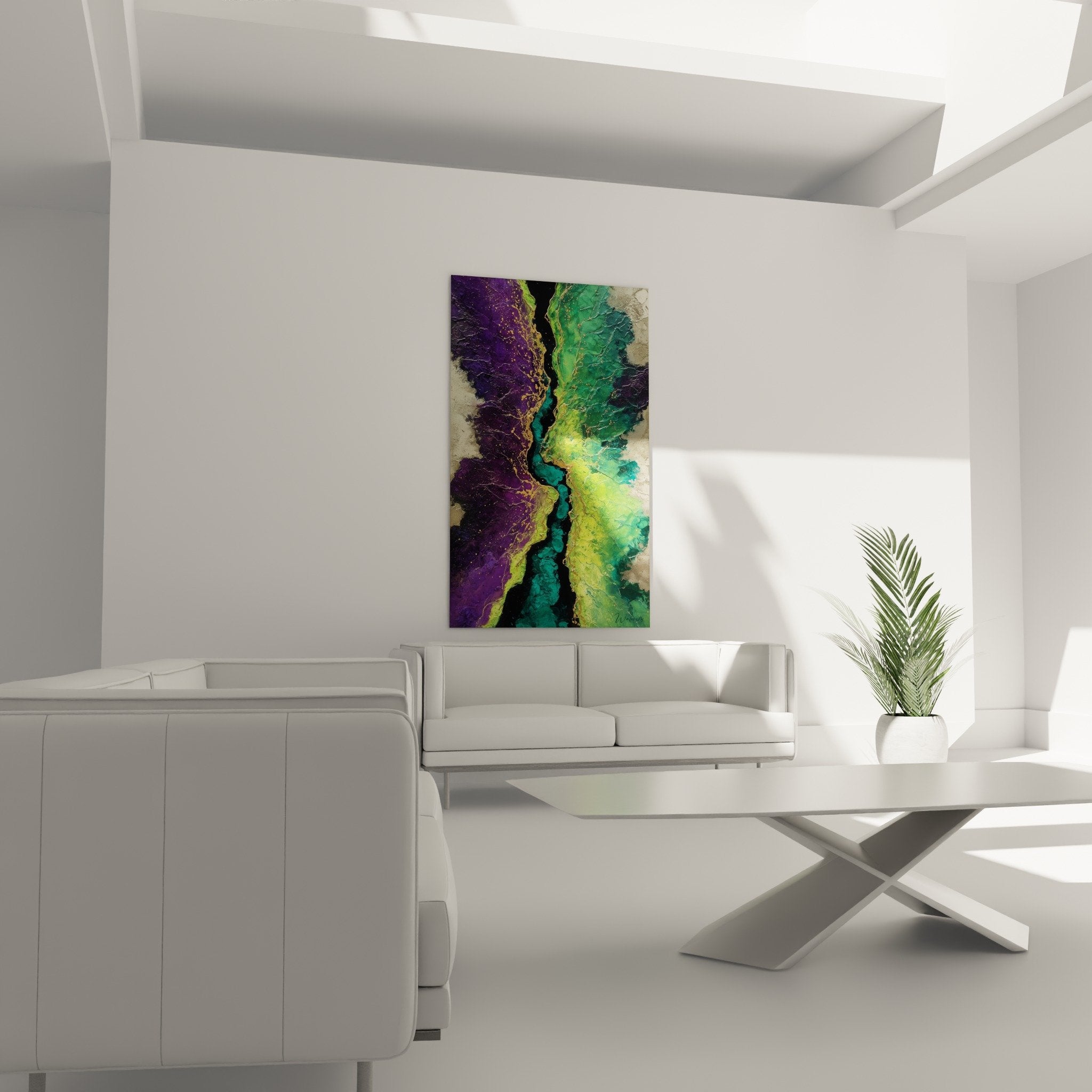 detail texture craquelée tableau abstrait violet vert veines dorées feng shui sud-est bois