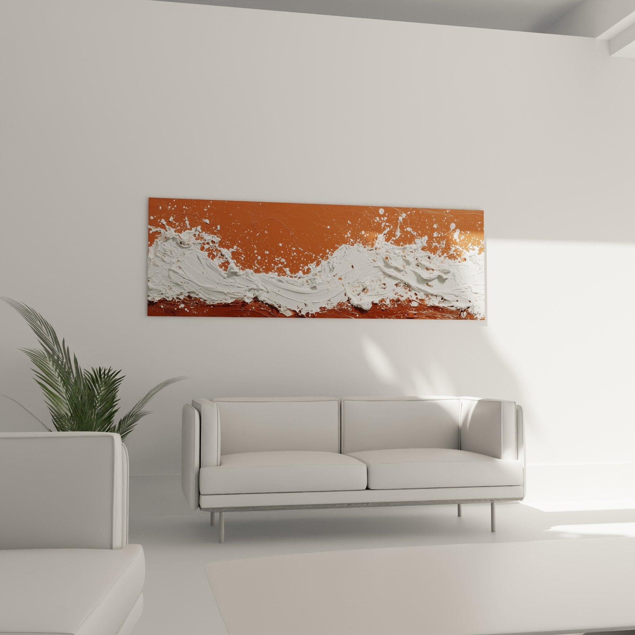 Détail texture relief vagues blanches sur fond ocre, matière sculpturale tableau feng shui