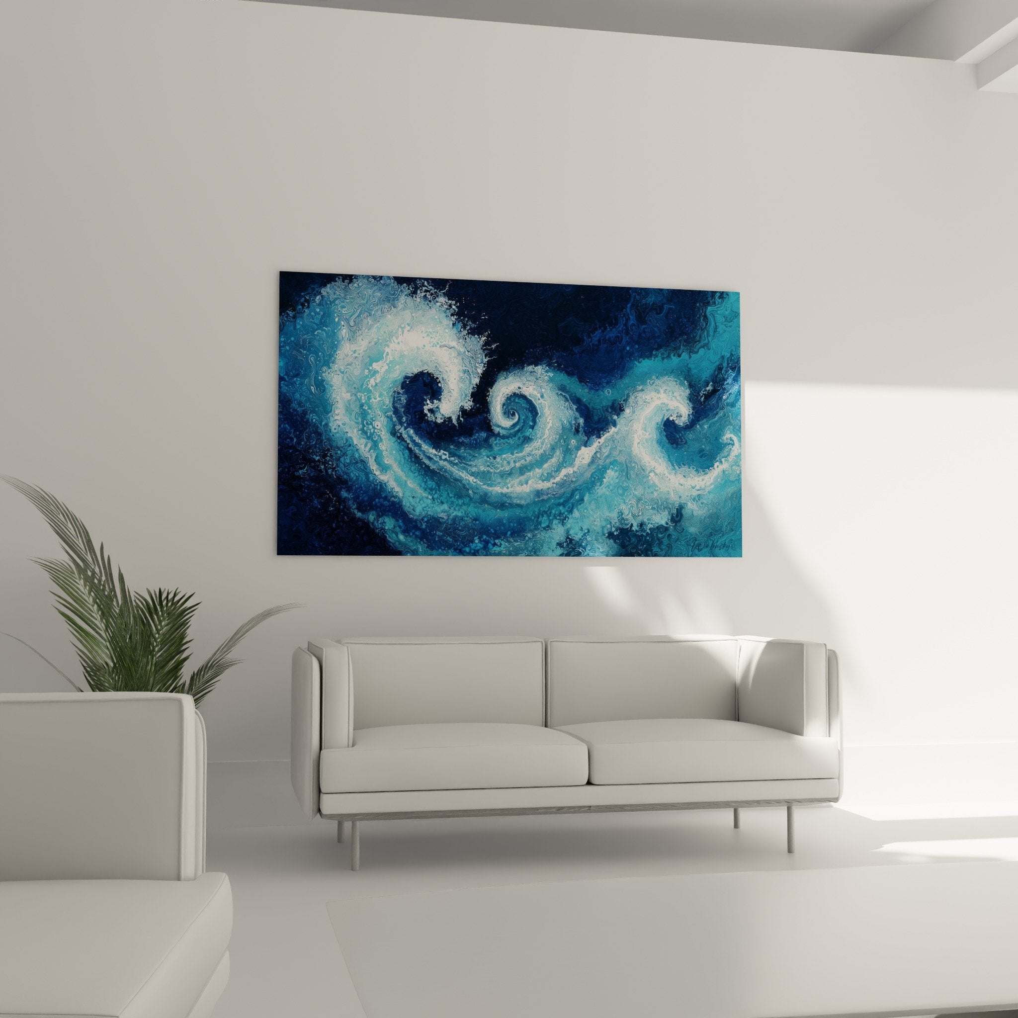Detailed texture of swirling waves deep blue turquoise white foam fluid motion effect