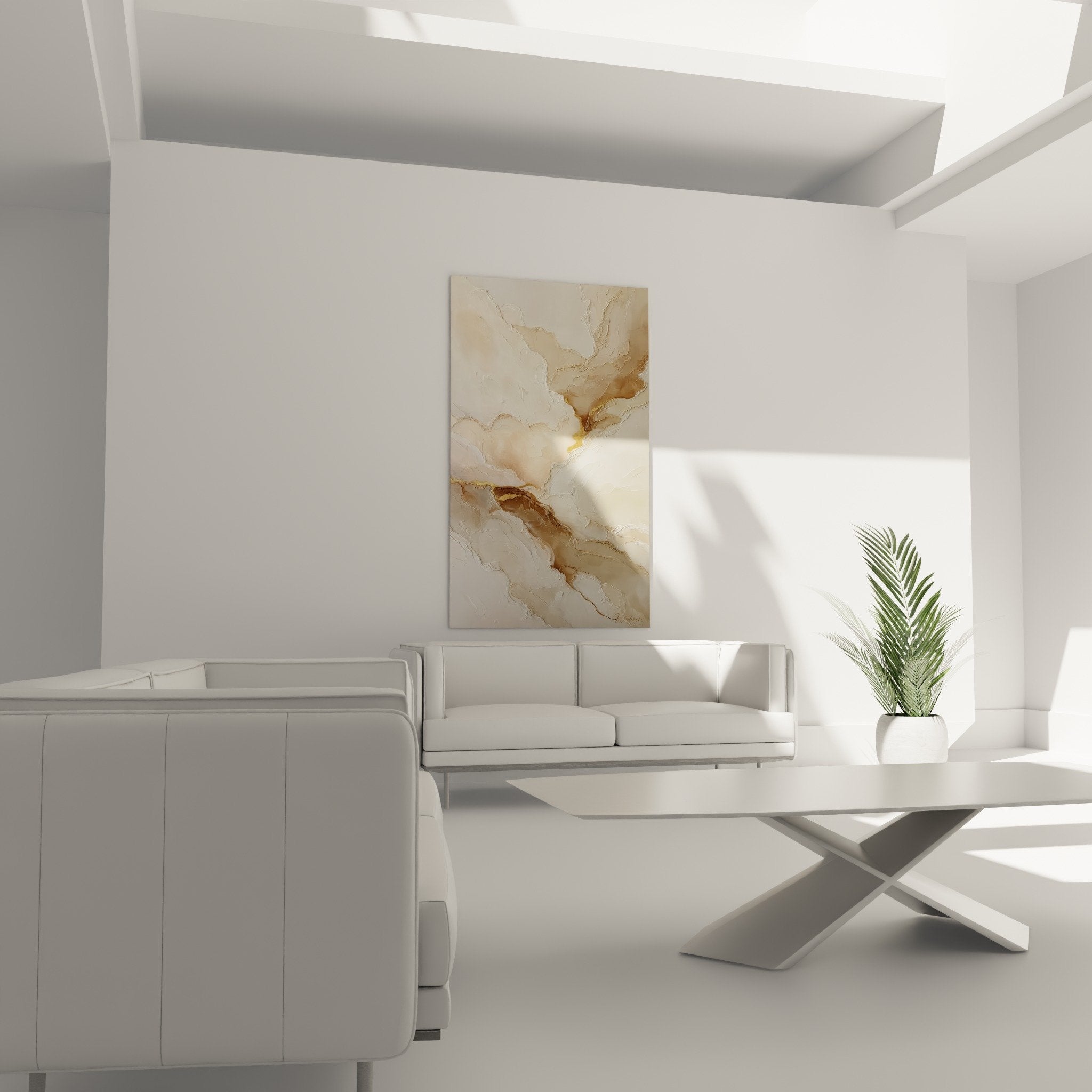 Détail texture et veines dorées sur toile abstraite beige - Matières feng shui centre terre