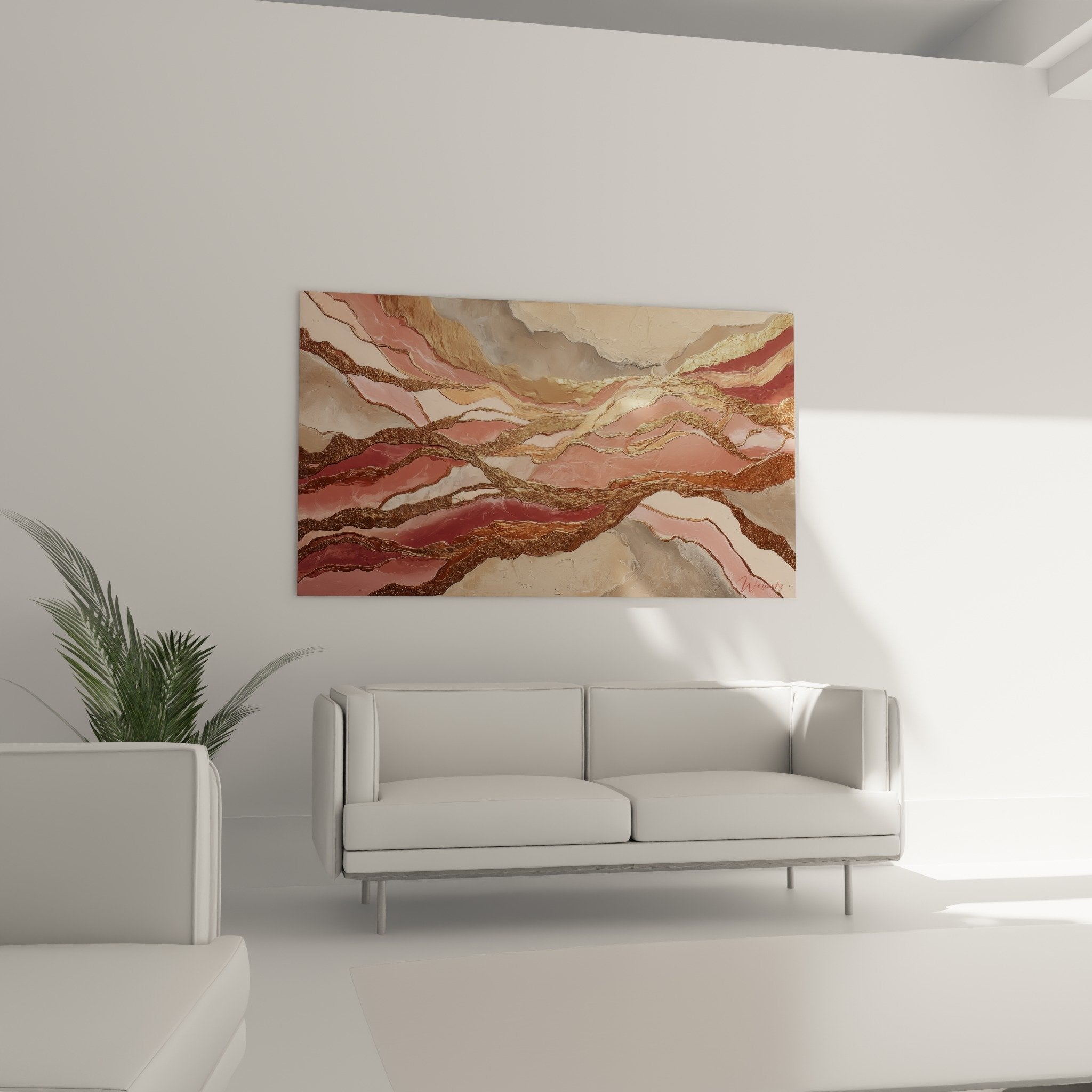 Textured detail abstract artwork golden veins soft pink fluid material earth center feng shui